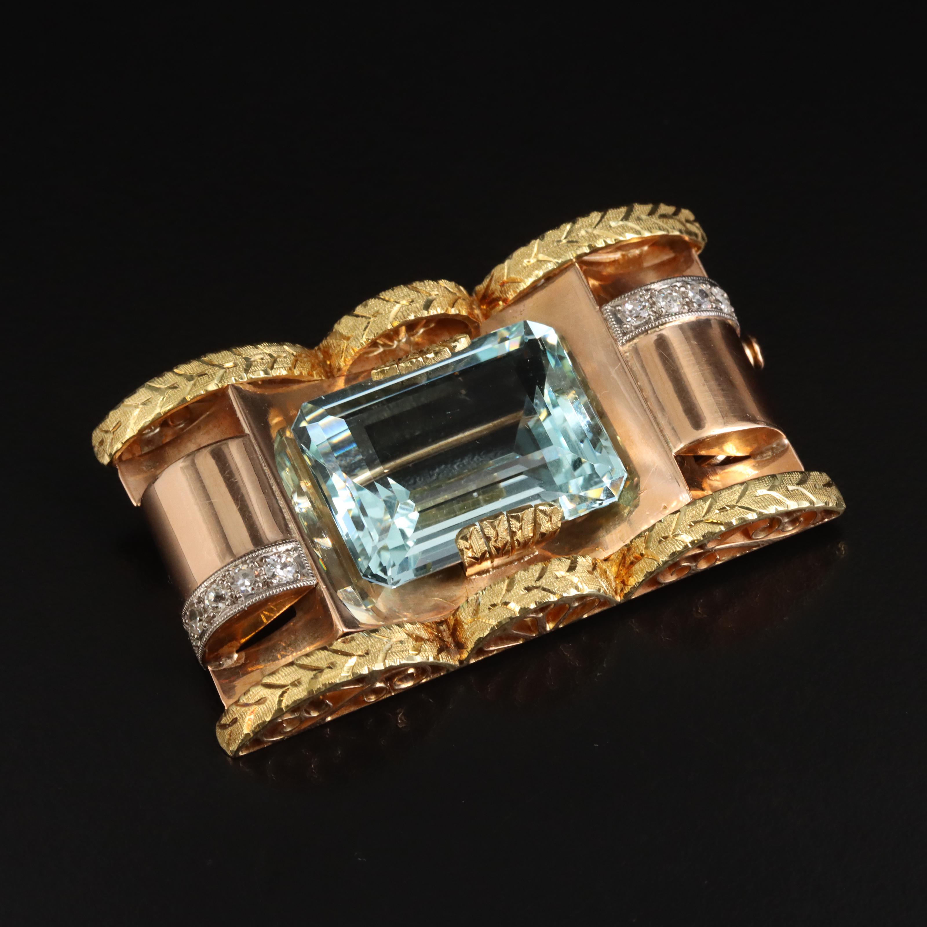 Retro 18K Rose Gold 31.39 CT Aquamarine and Diamond Converter Brooch