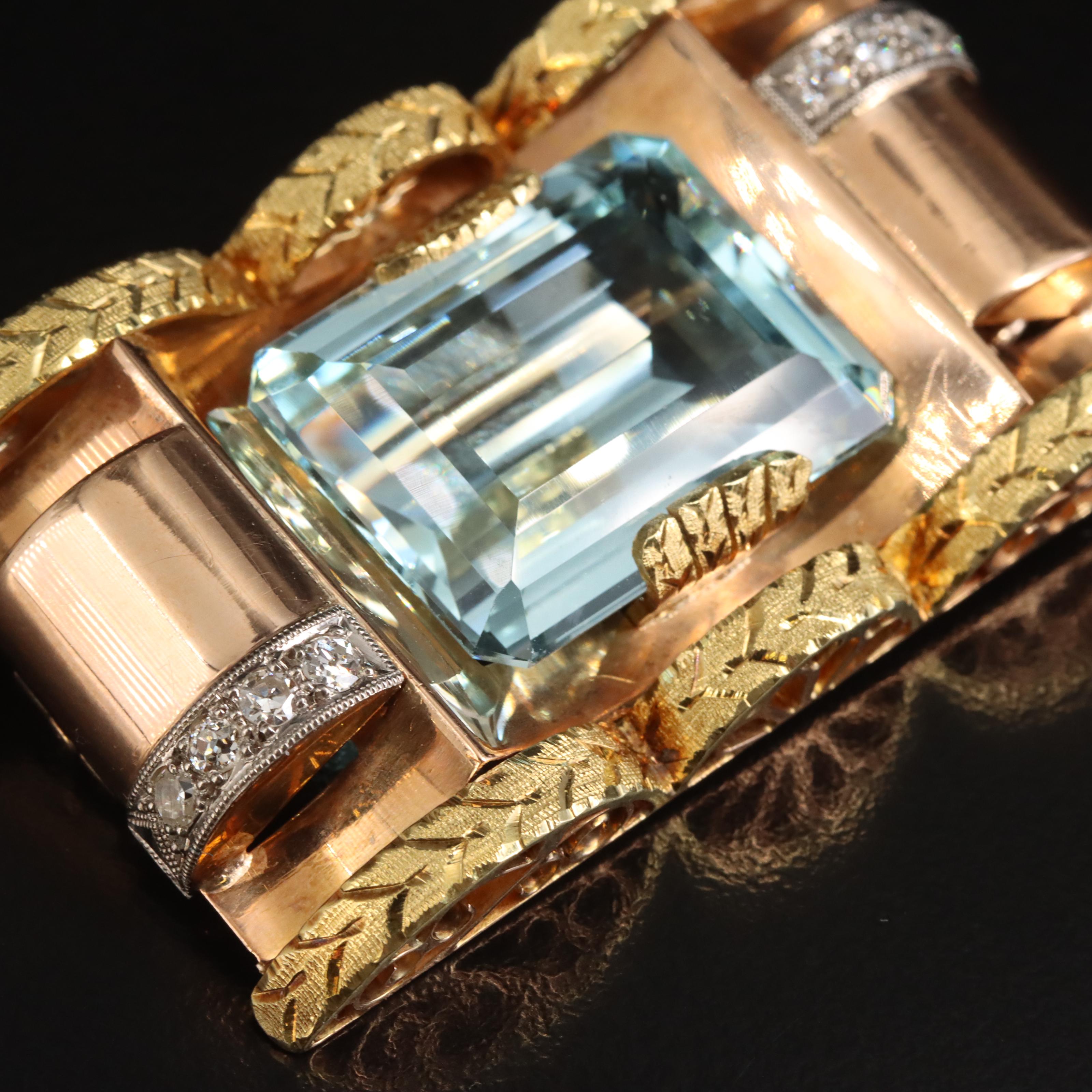 Retro 18K Rose Gold 31.39 CT Aquamarine and Diamond Converter Brooch