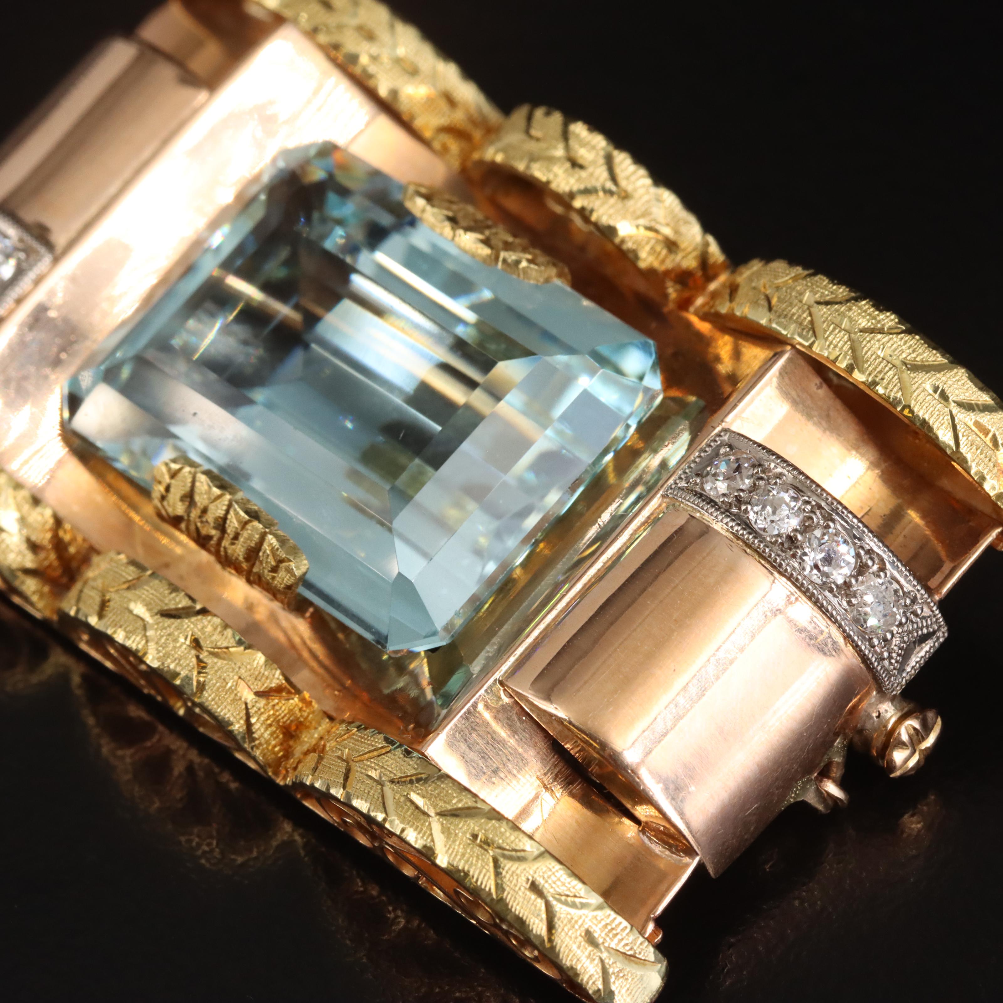 Retro 18K Rose Gold 31.39 CT Aquamarine and Diamond Converter Brooch