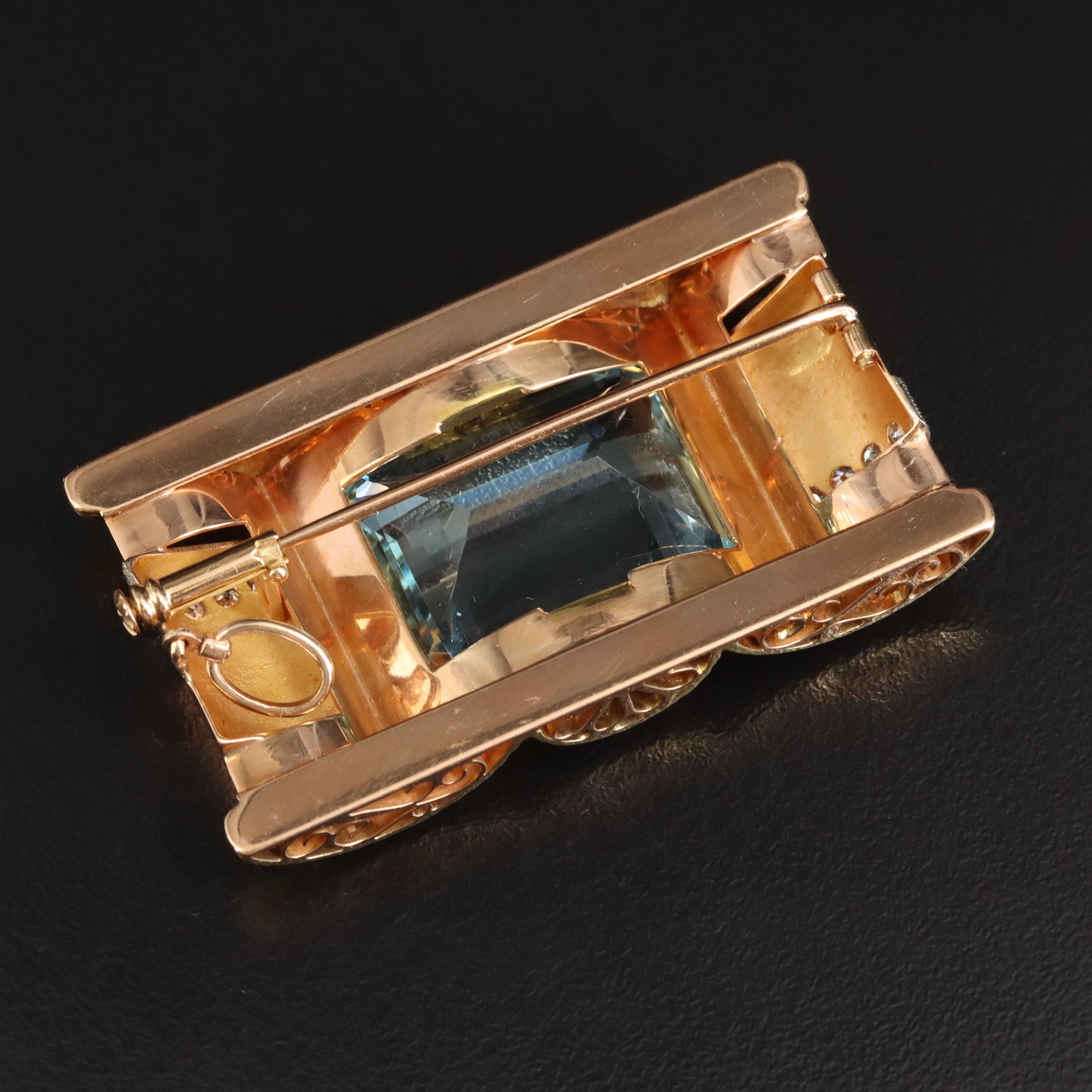 Retro 18K Rose Gold 31.39 CT Aquamarine and Diamond Converter Brooch