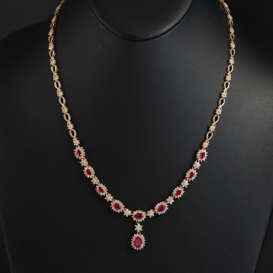 14K Ruby and 2.50 CTW Diamond Necklace with 1.30 CT Center