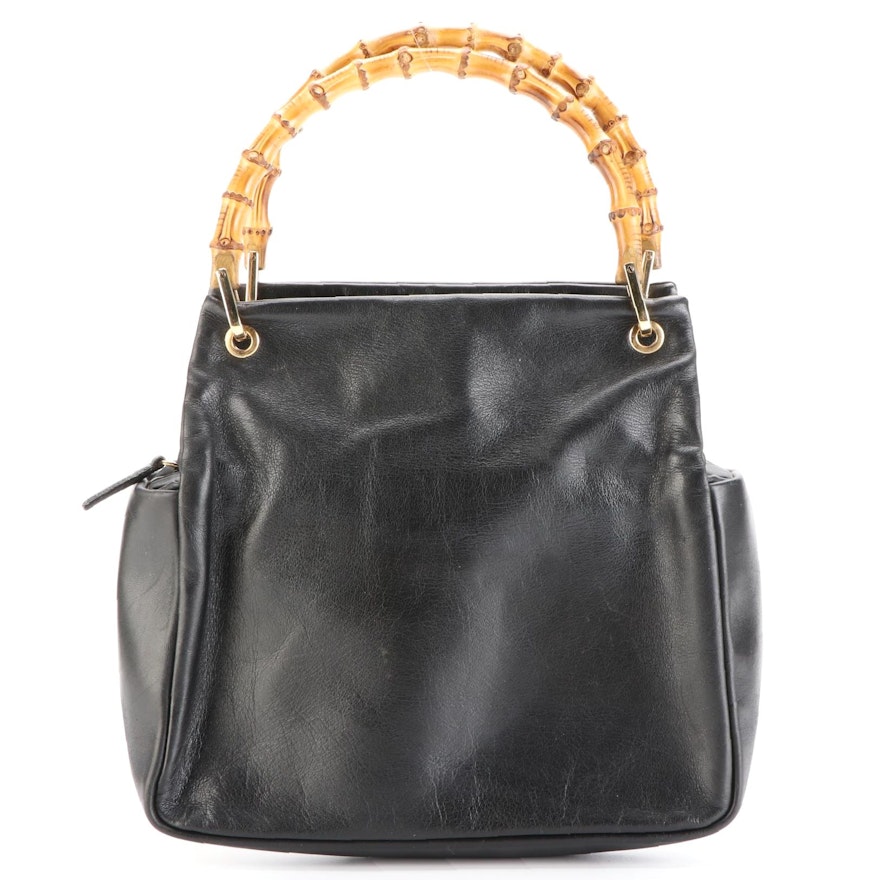 Gucci Bamboo Small Zip Handbag in Black Calfskin Leather