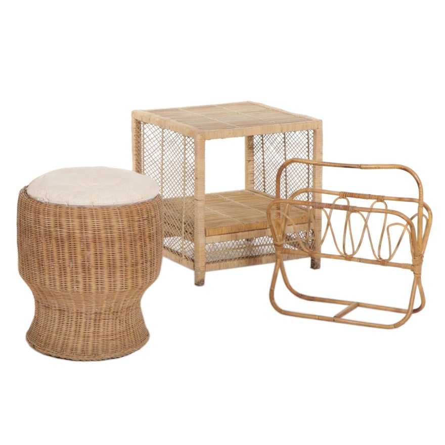 Wicker Stool with Wrapped Cane Table and Magazine Stand, Late 20th Century
