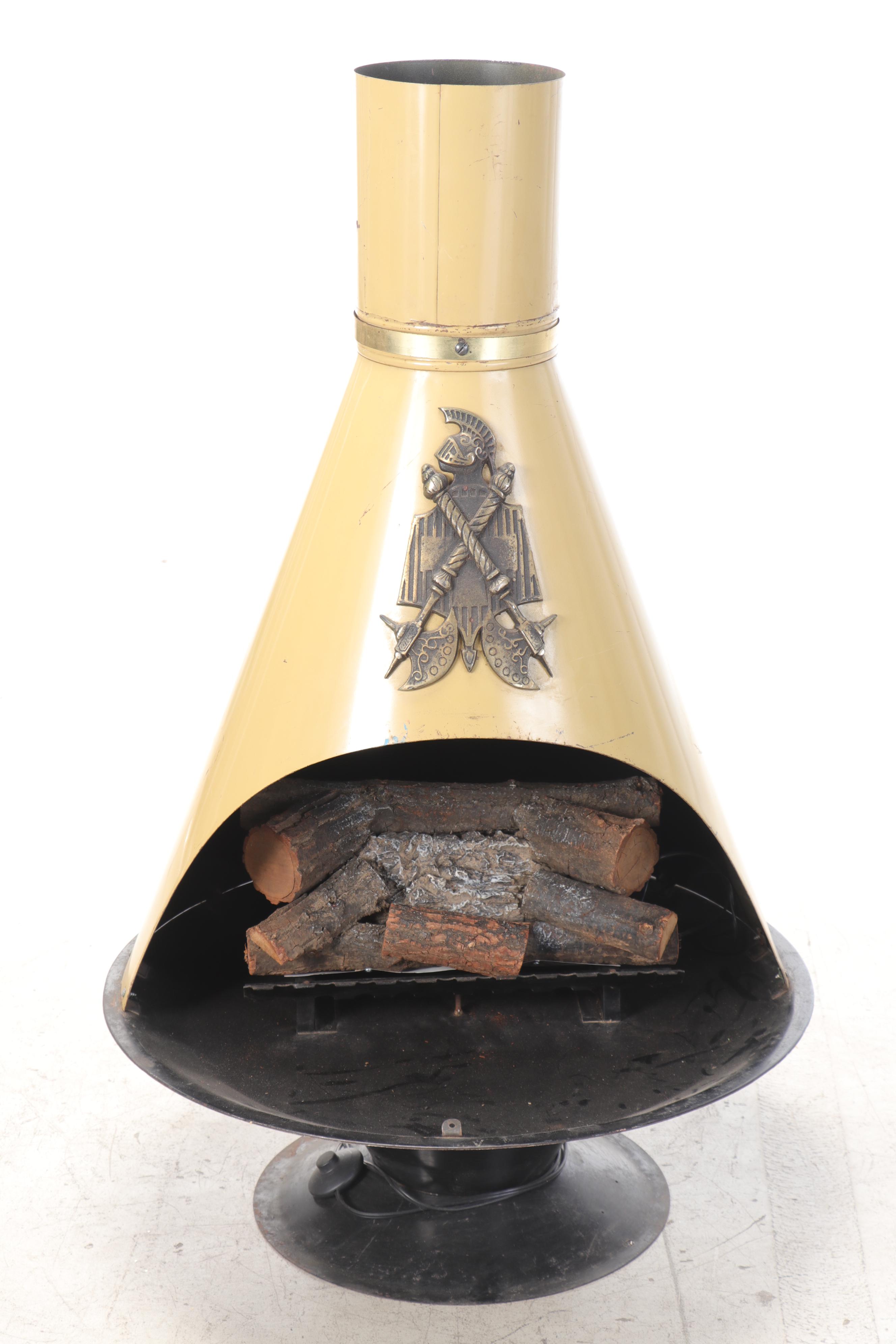 Martin Mid Century Modern Freestanding Fireplace with Knight and Armor Adornment