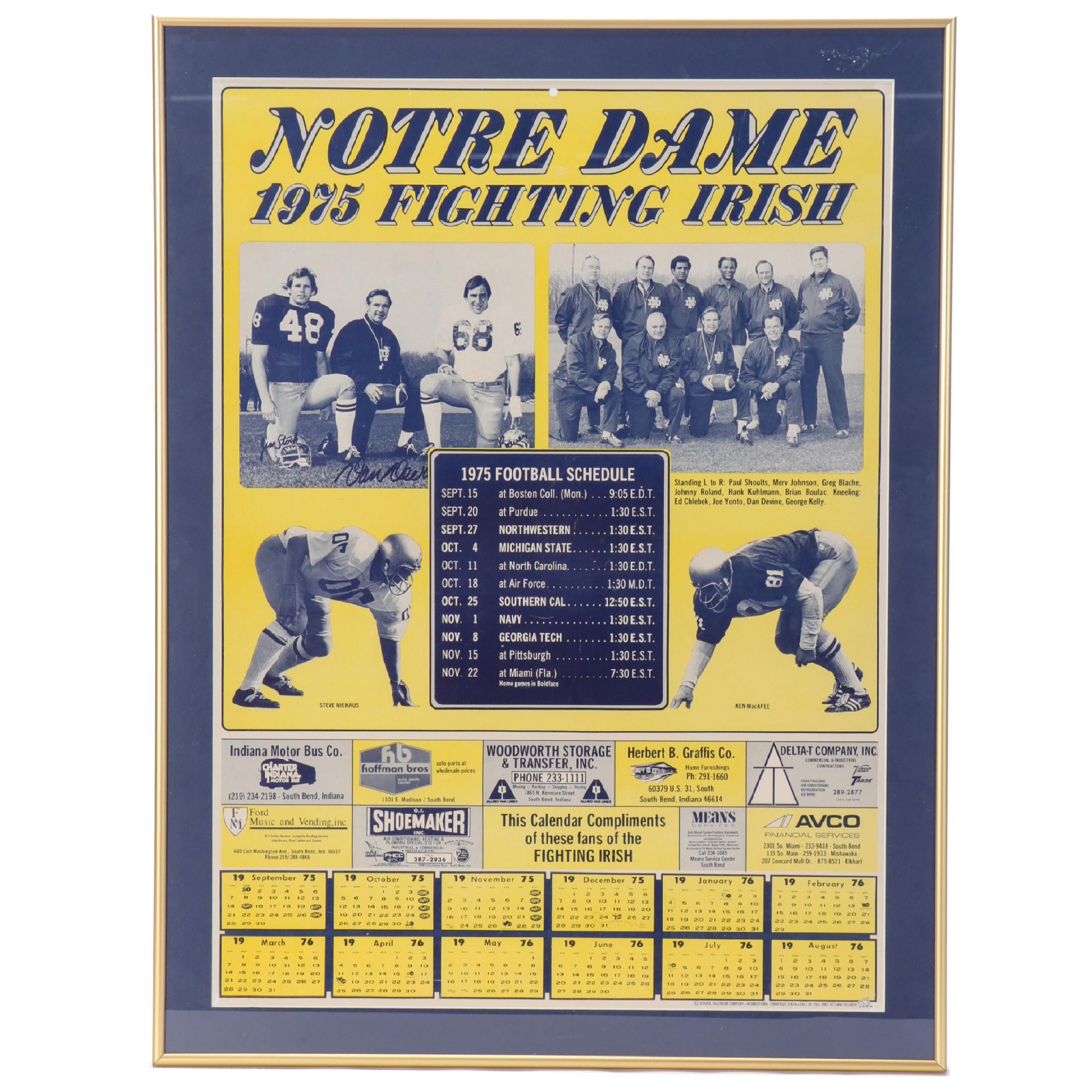 1975 Notre Dame Fighting Irish Football Framed Calendar | EBTH