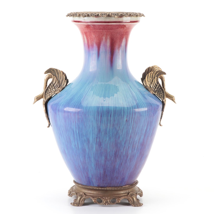 Chinese Flambé Glazed Ormolu Mounted Swan Handled Porcelain Vase