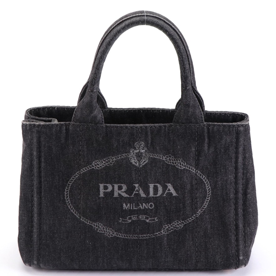 Prada Small Canapa Tote in Dark Denim