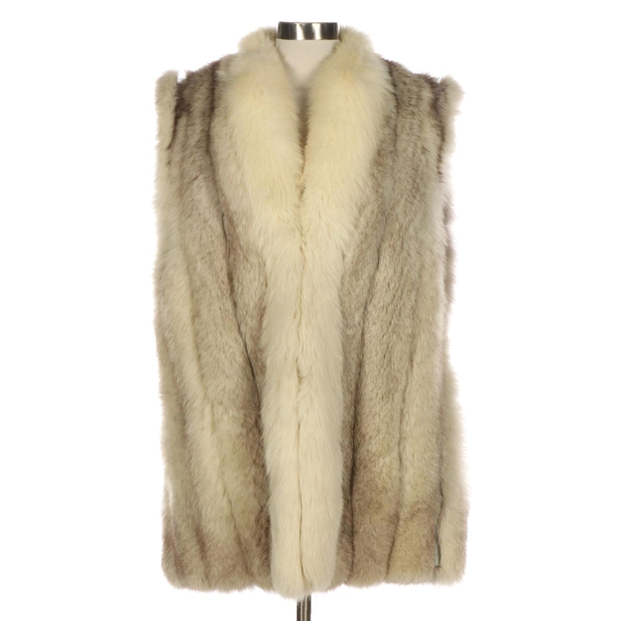 Long Fox Fur Vest with Grey Leather Inserts by Langlois Fourrures