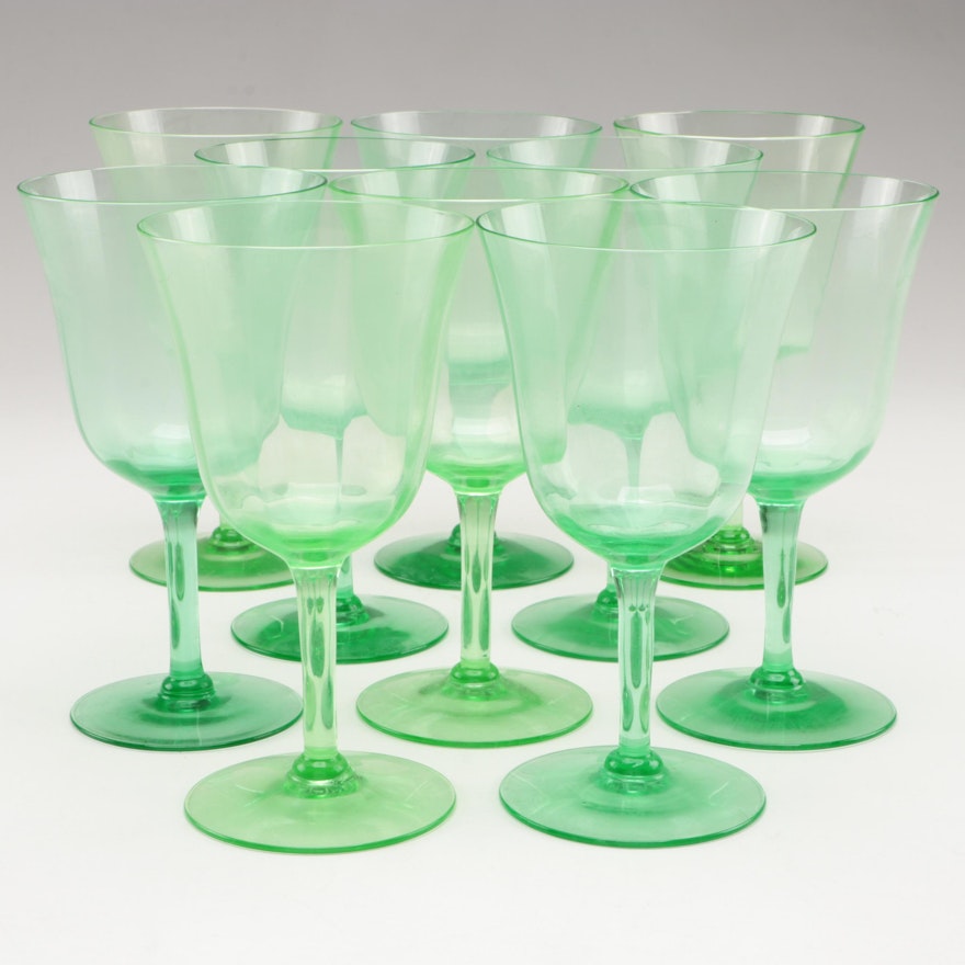 Art Deco Style Optic Uranium Glass Wine Glasses, Early to Mid 20th Century