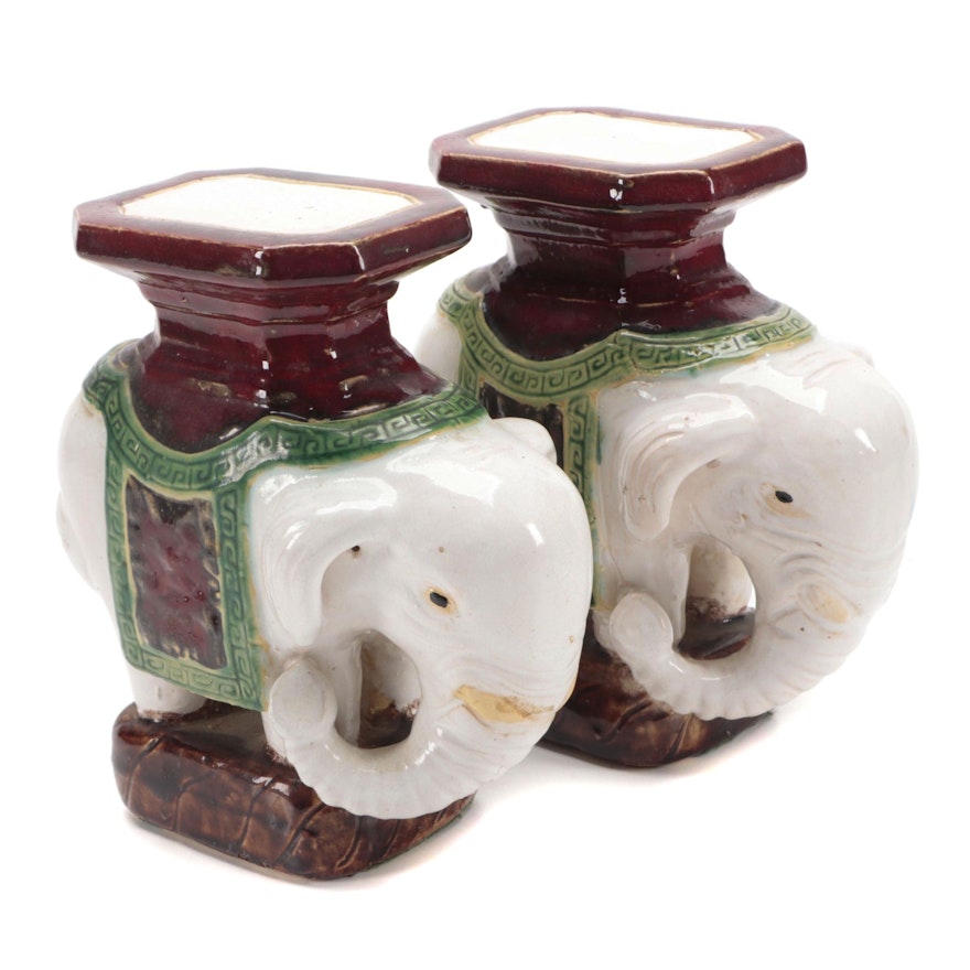 Miniature Hong Kong Glazed Ceramic Elephant Planter Stands
