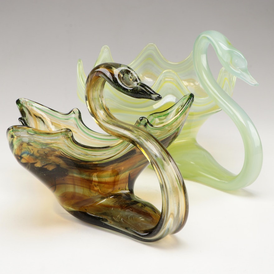 Mid Century Modern Multicolor Art Glass Swan Cornucopia Centerpiece Bowls