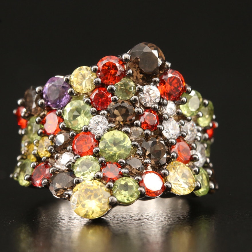 Sterling Peridot, Smoky Quartz and Cubic Zirconia Cluster Ring