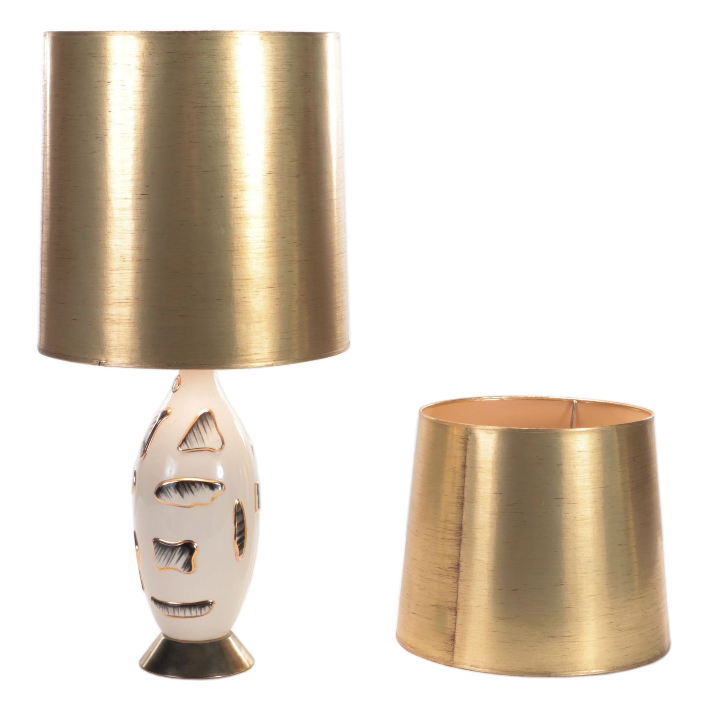 Ceramic Vase Lamp With Two Gold Foil Paper Shades, Mid-20th Century