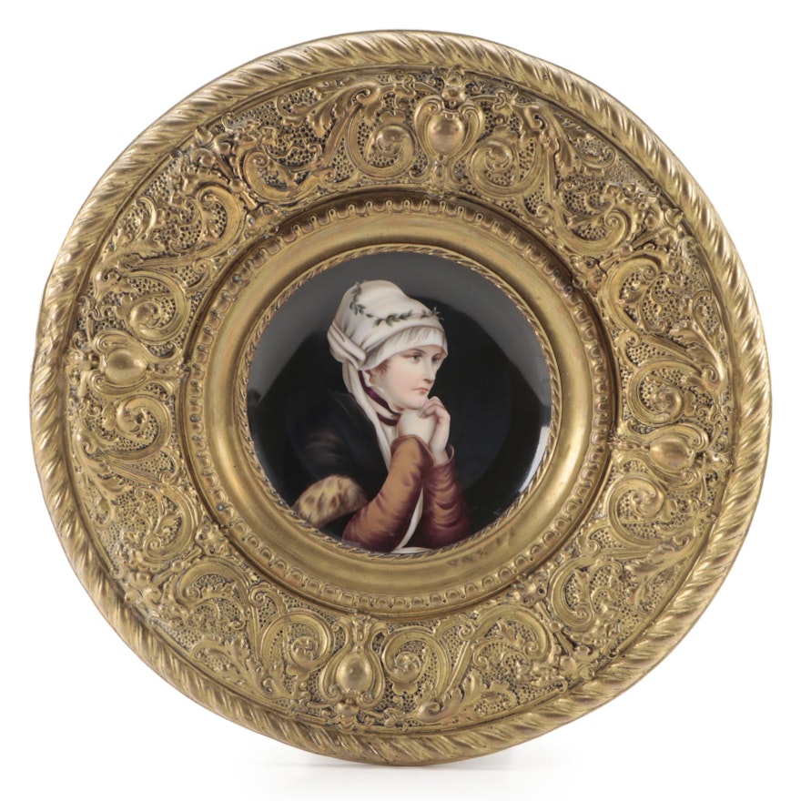 Hand-Painted Porcelain Cabinet Plate in Embossed Brass Surround