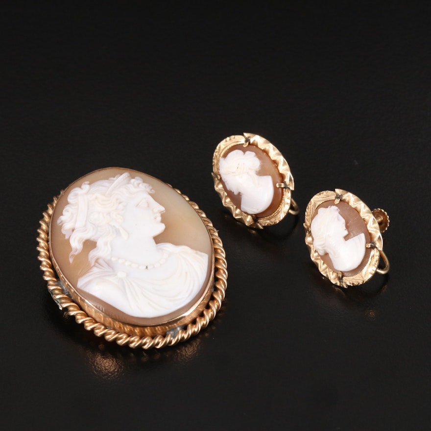 14K Shell Cameo Earrings with Cameo Brooch