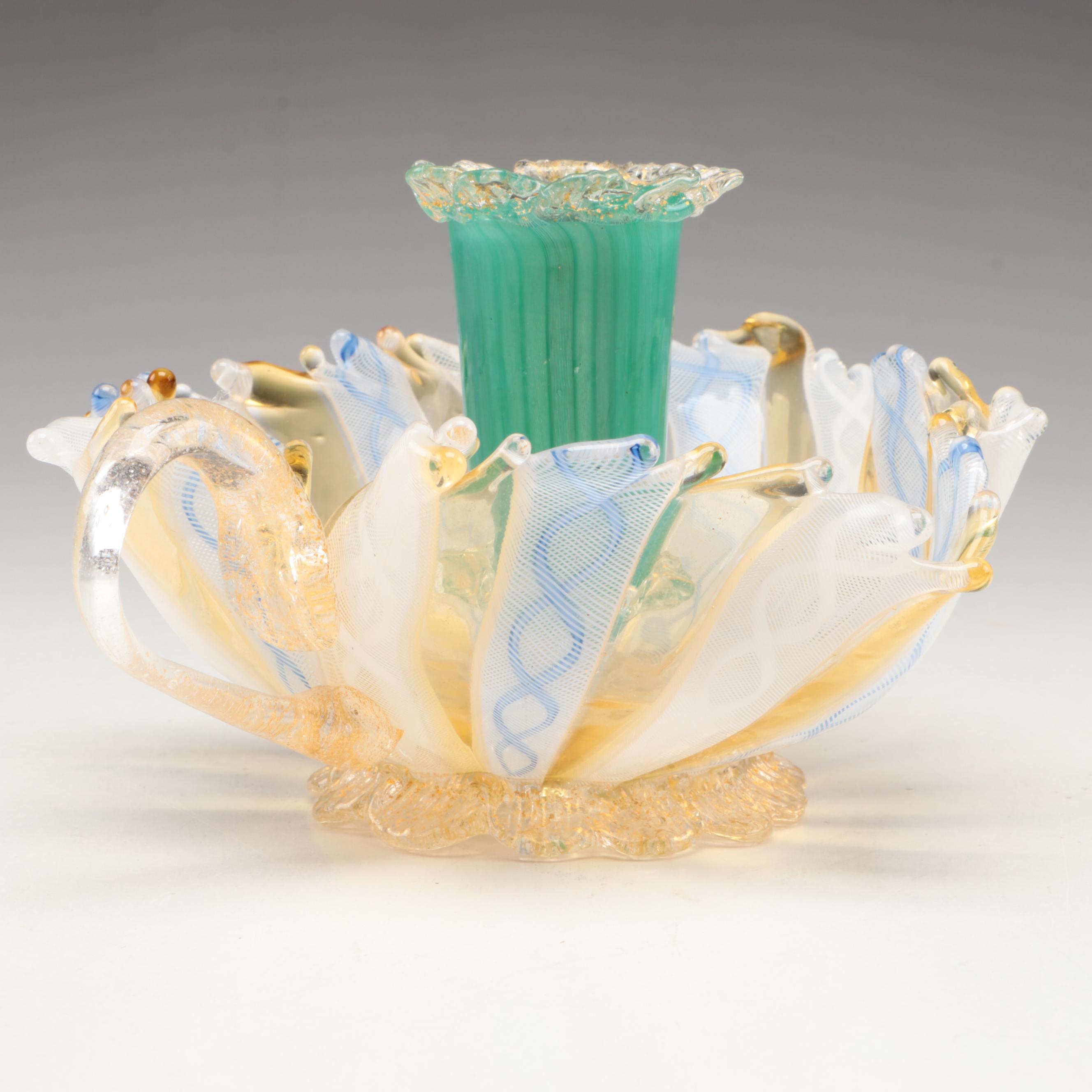 Murano Blown Zanfirico, Rigaree and Gold Flecks Leaf Form Art Glass Chamberstick