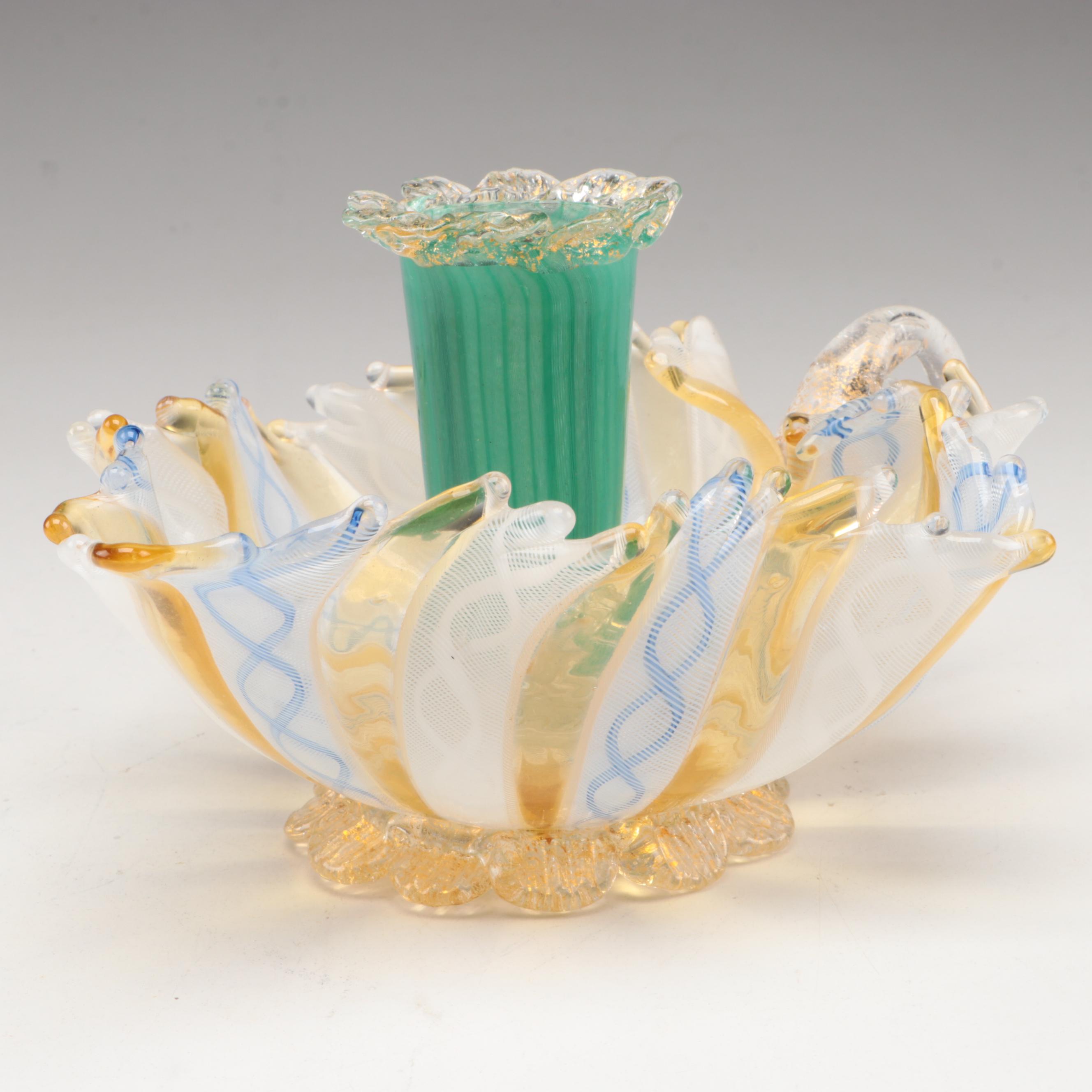 Murano Blown Zanfirico, Rigaree and Gold Flecks Leaf Form Art Glass Chamberstick
