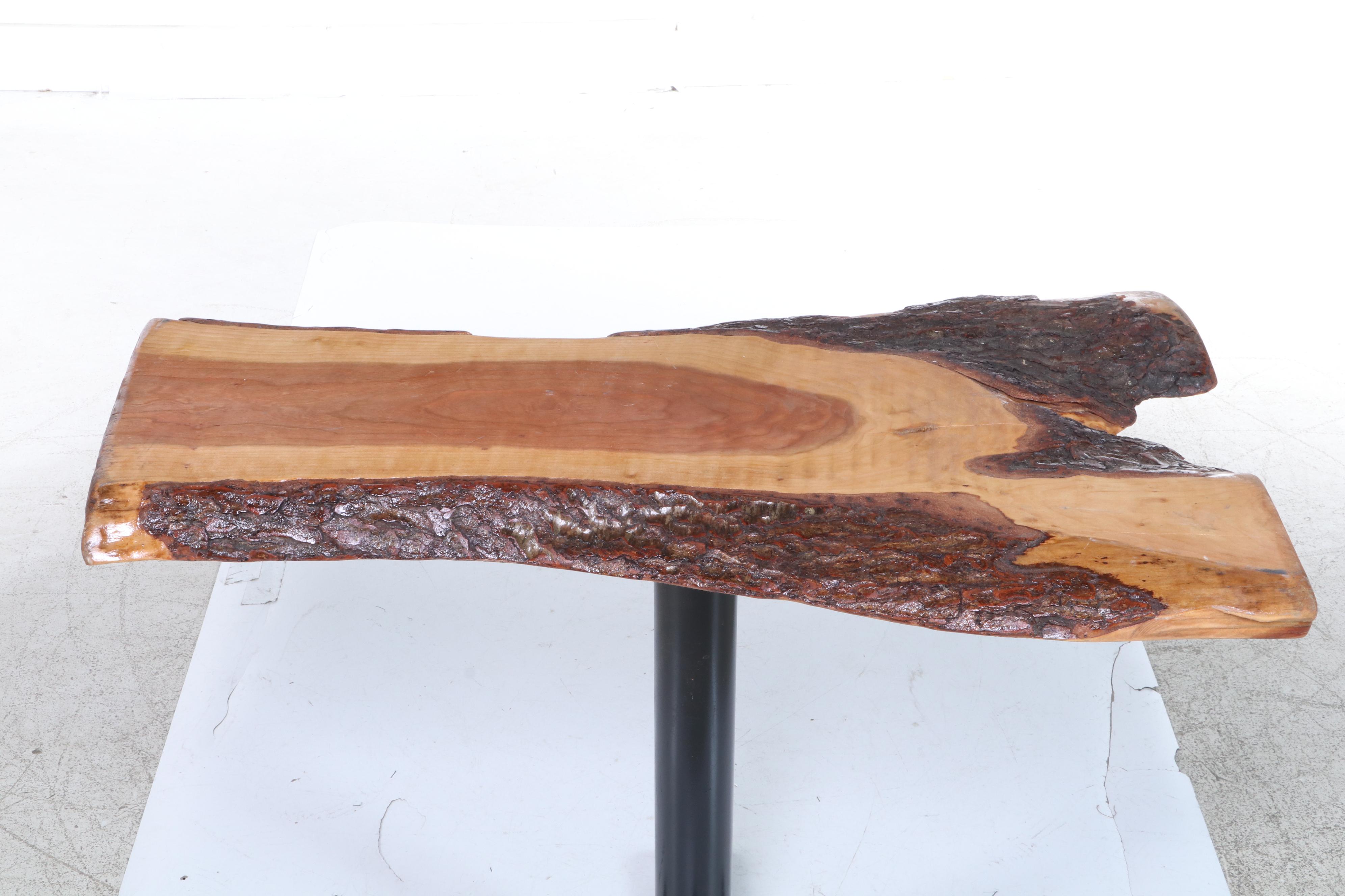 Contemporary Live Edge Wood Slab and Black Metal Pedestal Table