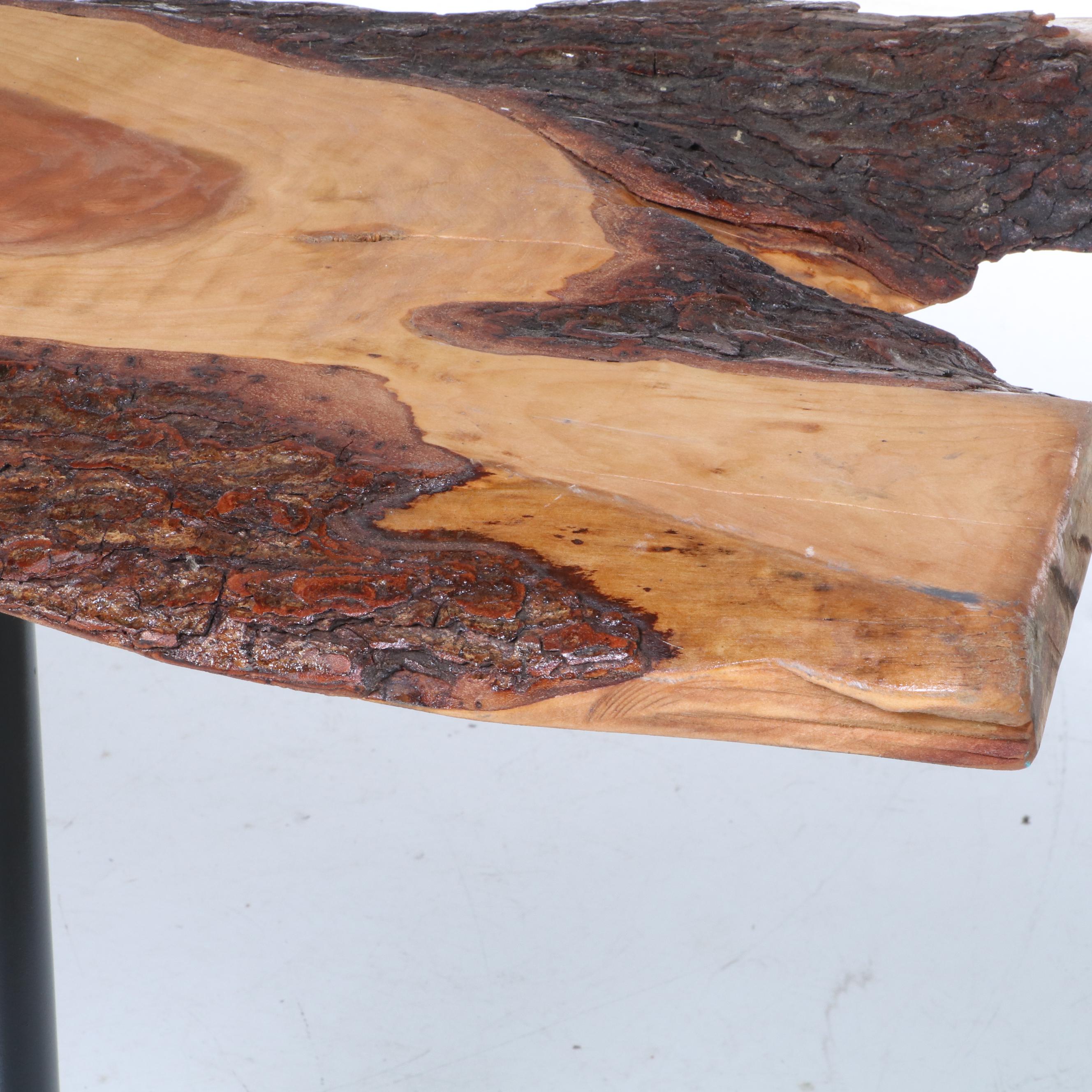 Contemporary Live Edge Wood Slab and Black Metal Pedestal Table