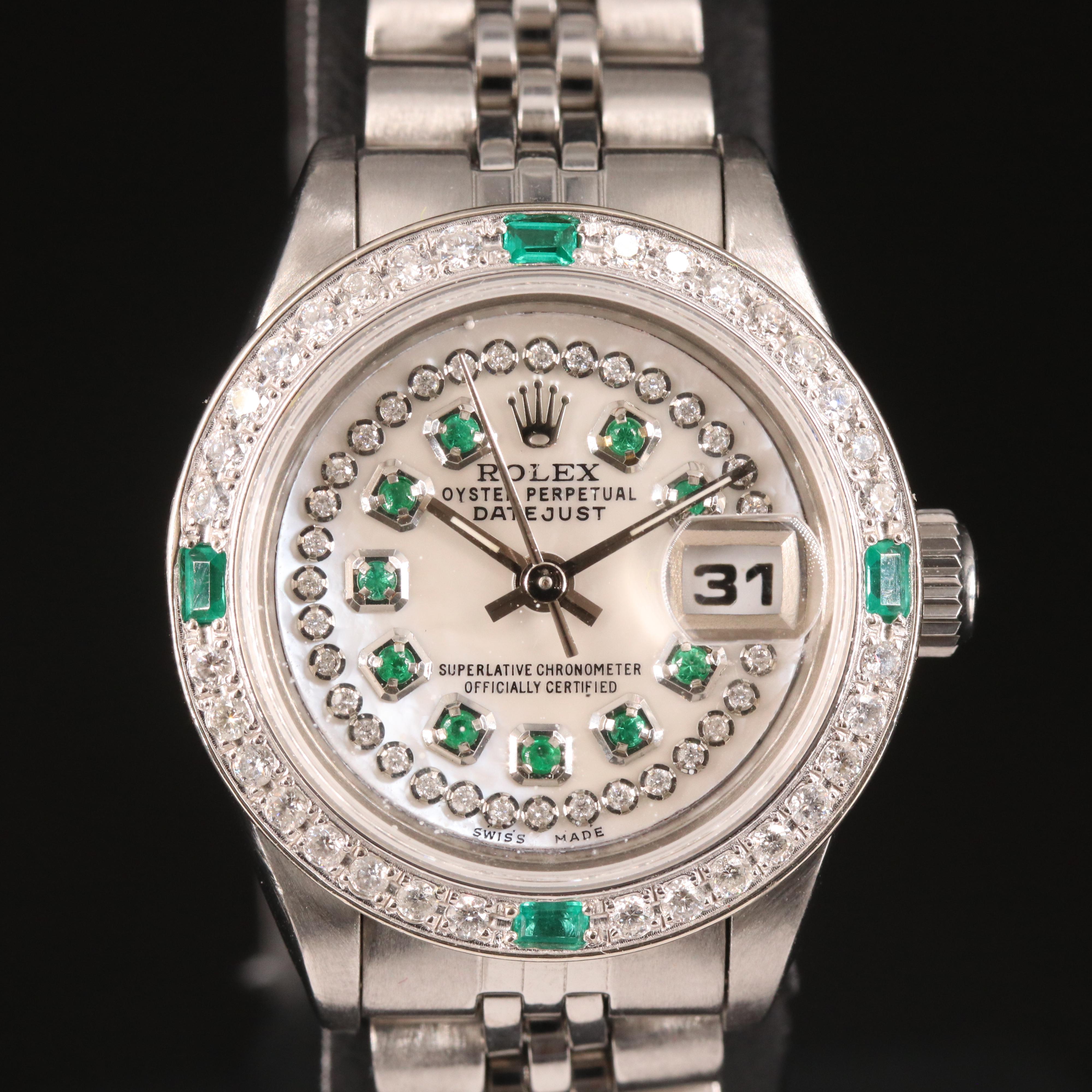 Rolex Datejust Diamond and Emerald Mother-of Pearl Dial and Bezel Watch