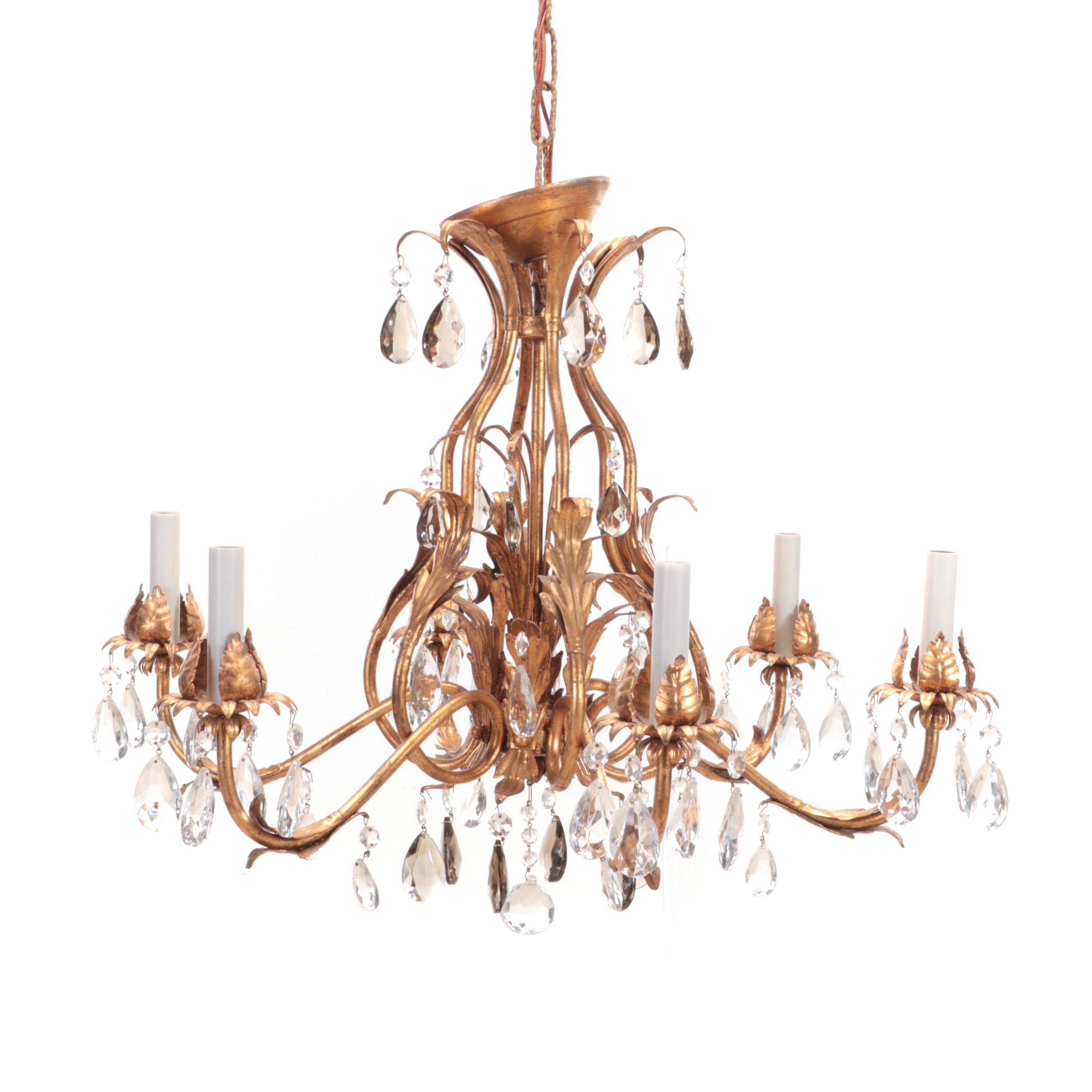 Italianate Gilt Metal Six-Arm Chandelier with Crystal Prism Drops, Late 20th C.