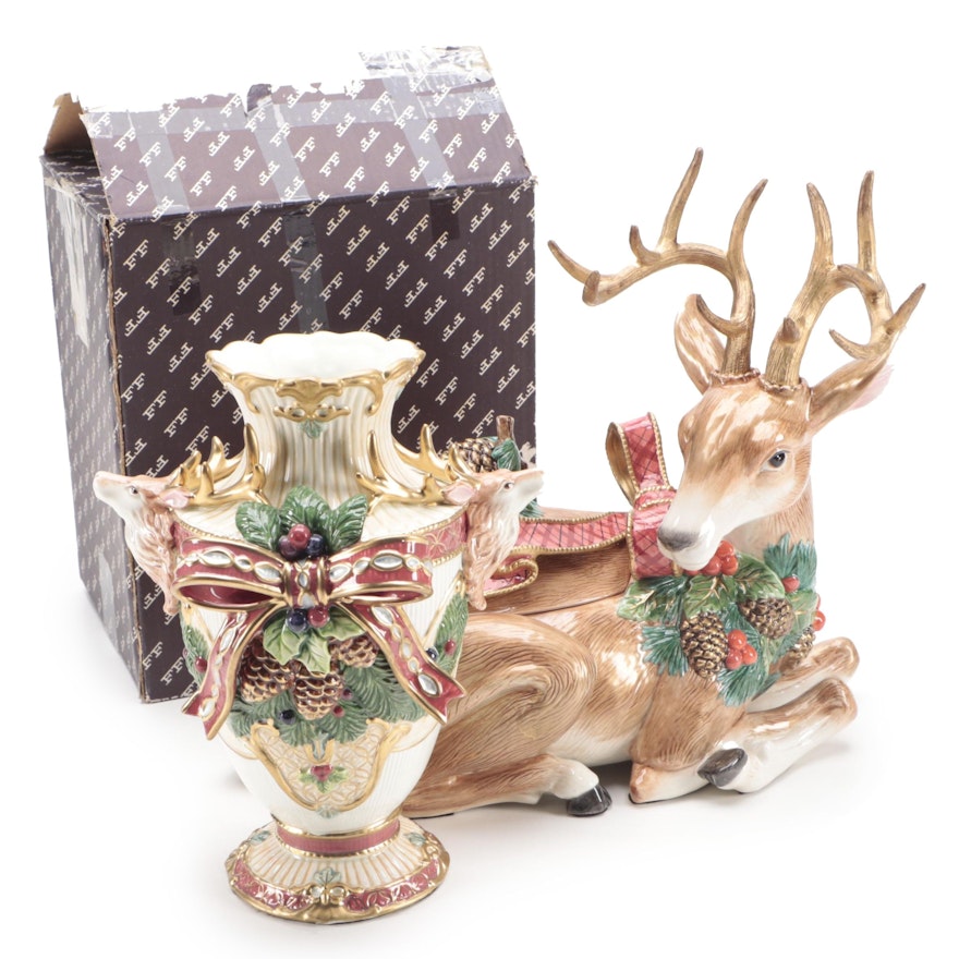 Fitz and Floyd "Holiday Leaves" Stag Tureen and "Florentine Christmas" Vase