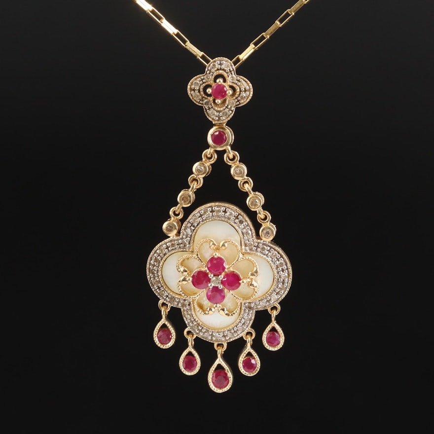 14K Diamond, Ruby and Mother-of-Pearl Quatrefoil Pendant Necklace