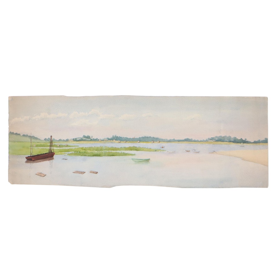 Watercolor Painting of Marsh Landscape "Piney Point - Old Orchard"