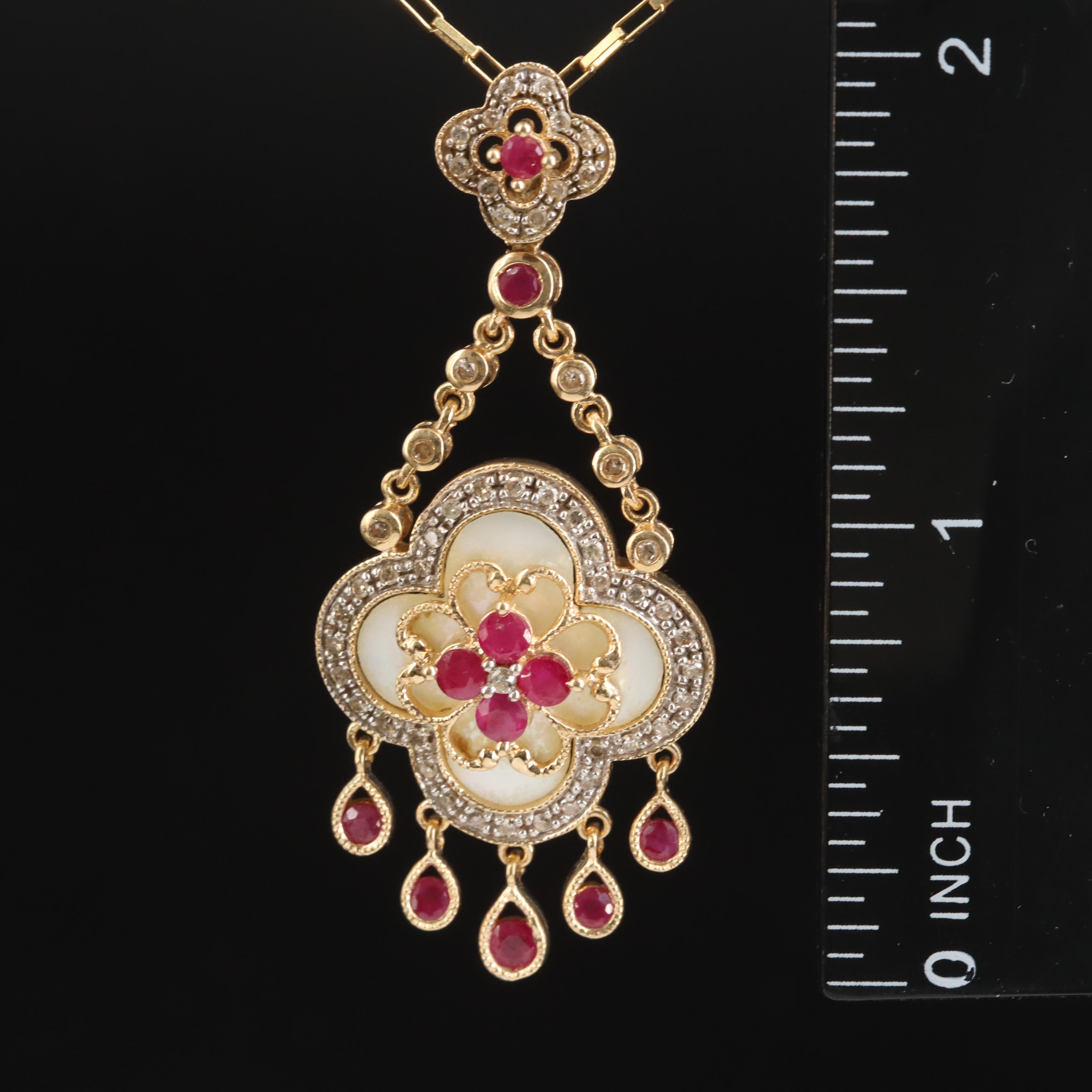 14K Diamond, Ruby and Mother-of-Pearl Quatrefoil Pendant Necklace