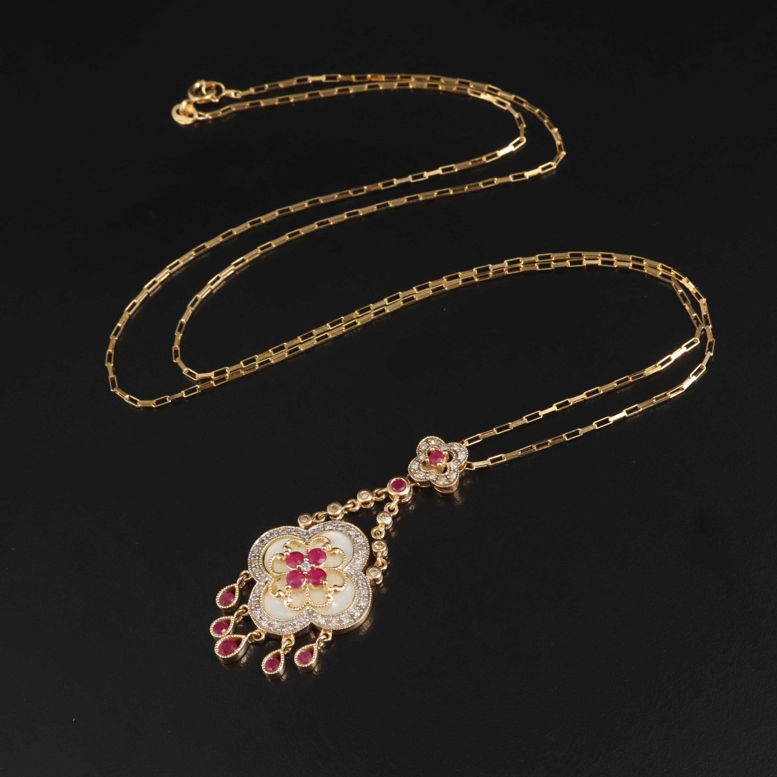 14K Diamond, Ruby and Mother-of-Pearl Quatrefoil Pendant Necklace