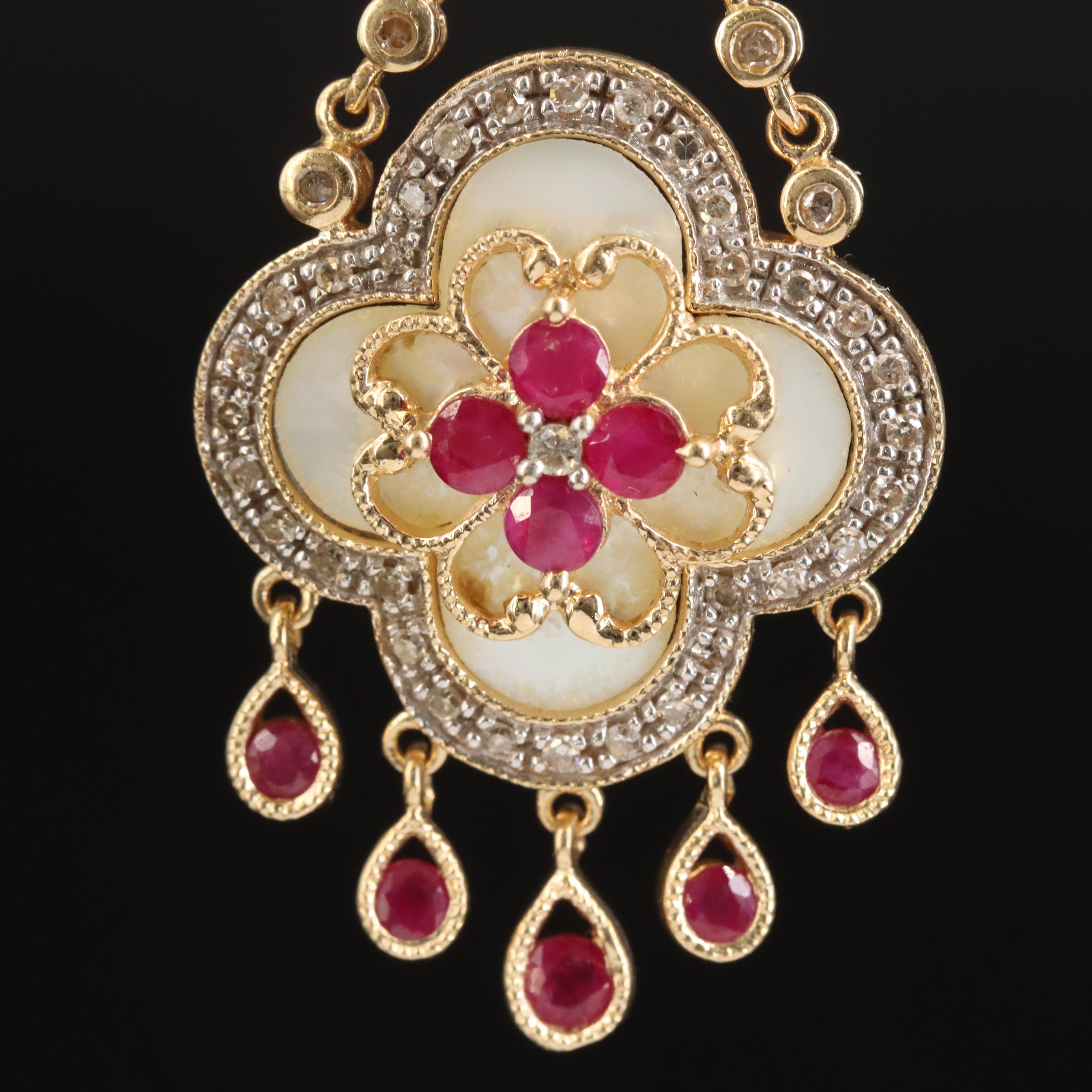 14K Diamond, Ruby and Mother-of-Pearl Quatrefoil Pendant Necklace