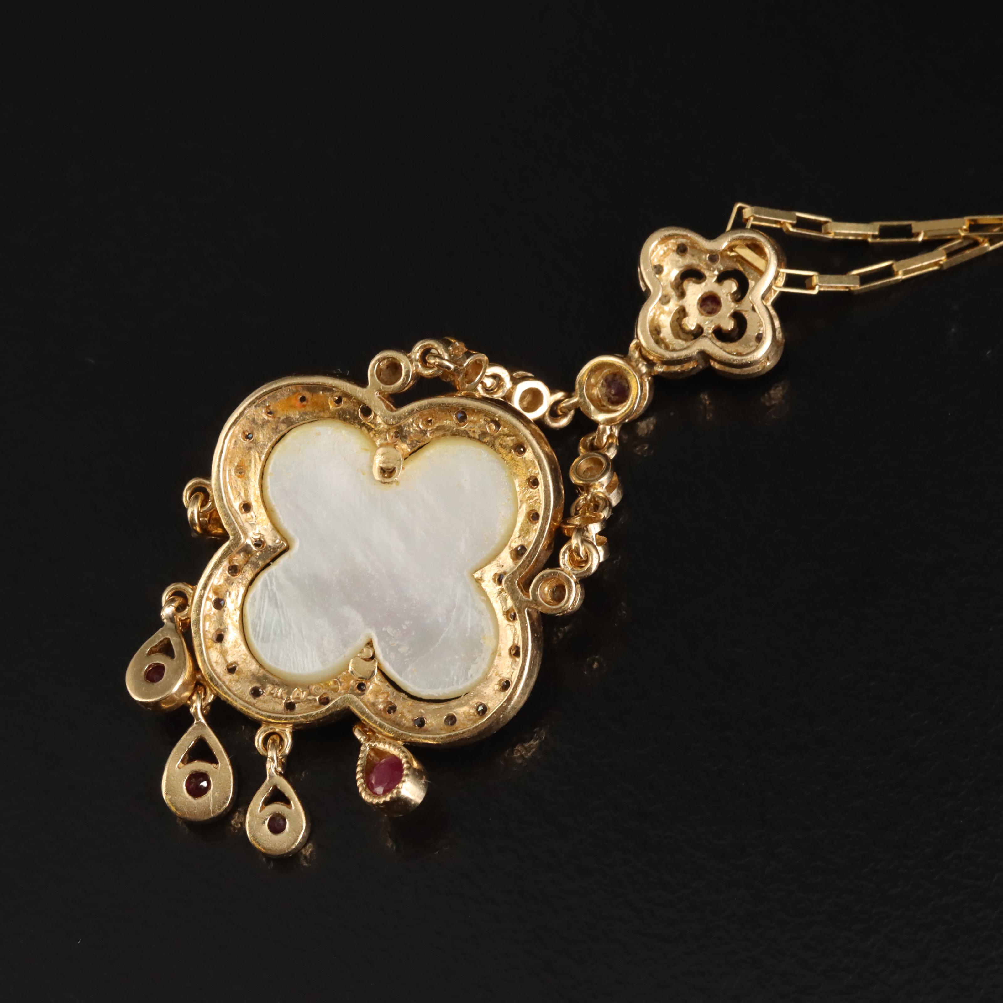 14K Diamond, Ruby and Mother-of-Pearl Quatrefoil Pendant Necklace