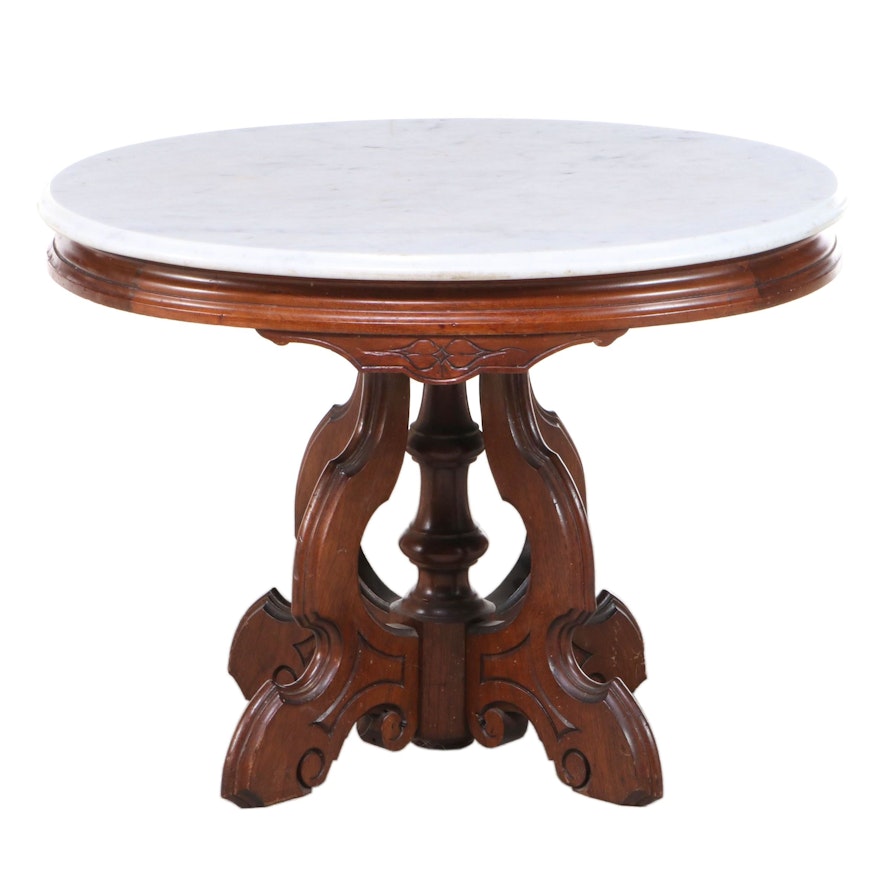 Victorian Walnut and Marble Top Oval Center Table, Late 19th Century