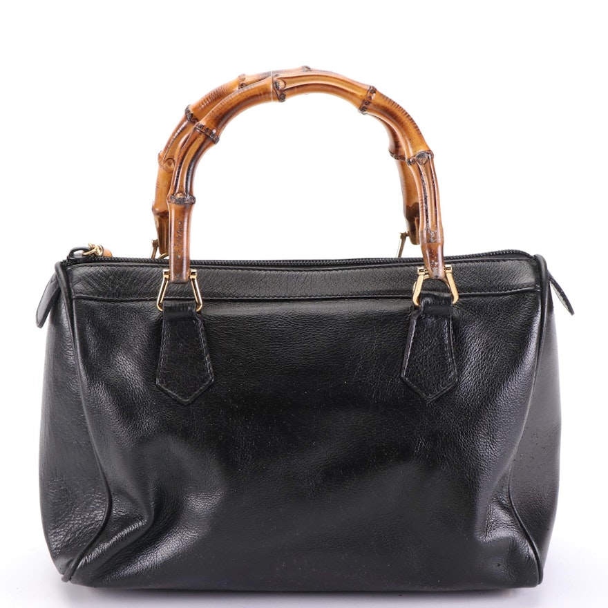Gucci Small Bamboo Satchel Bag in Black Grained Leather