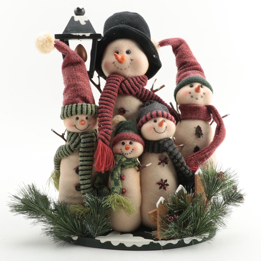 Fabric and Wood Snowman Figural Group