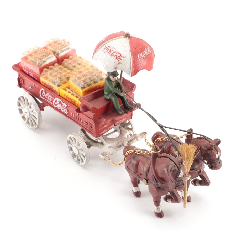 Cold-Painted Cast Iron Coca-Cola Horse Drawn Wagon, Mid-20th Century