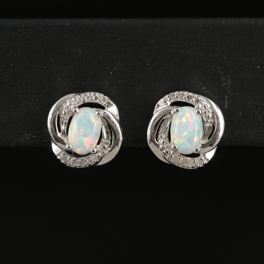 Sterling Opal and Diamond Stud Earrings