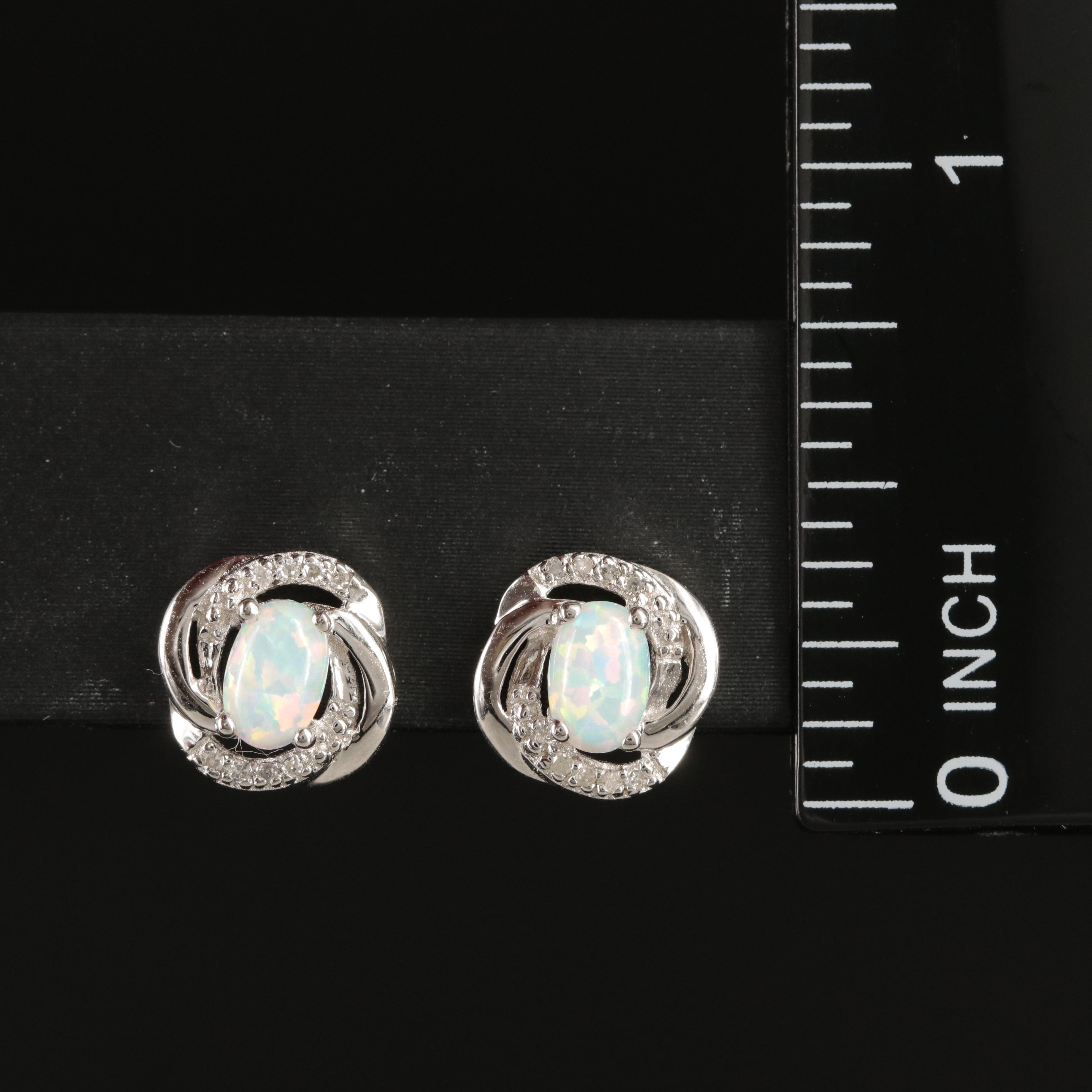 Sterling Opal and Diamond Stud Earrings