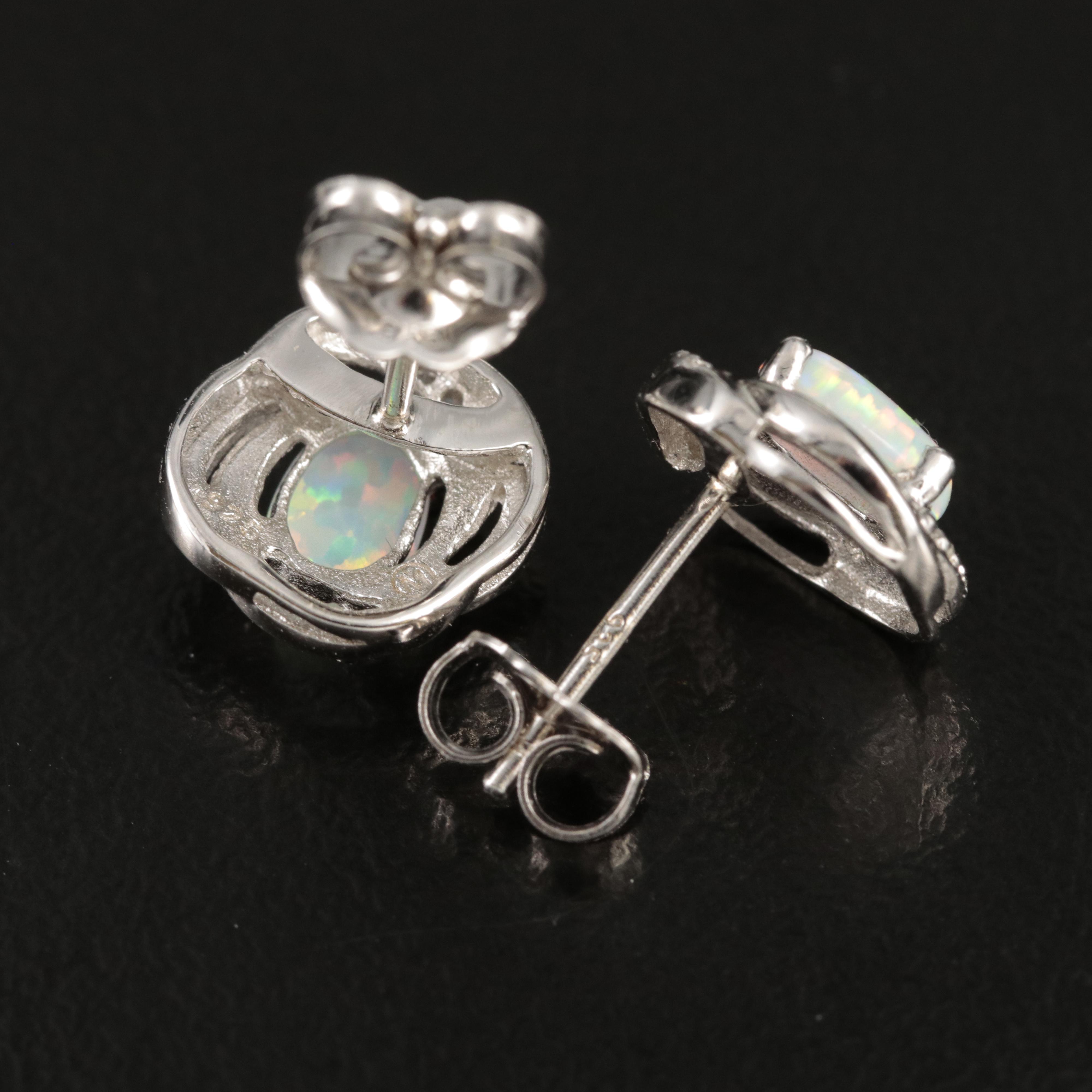 Sterling Opal and Diamond Stud Earrings