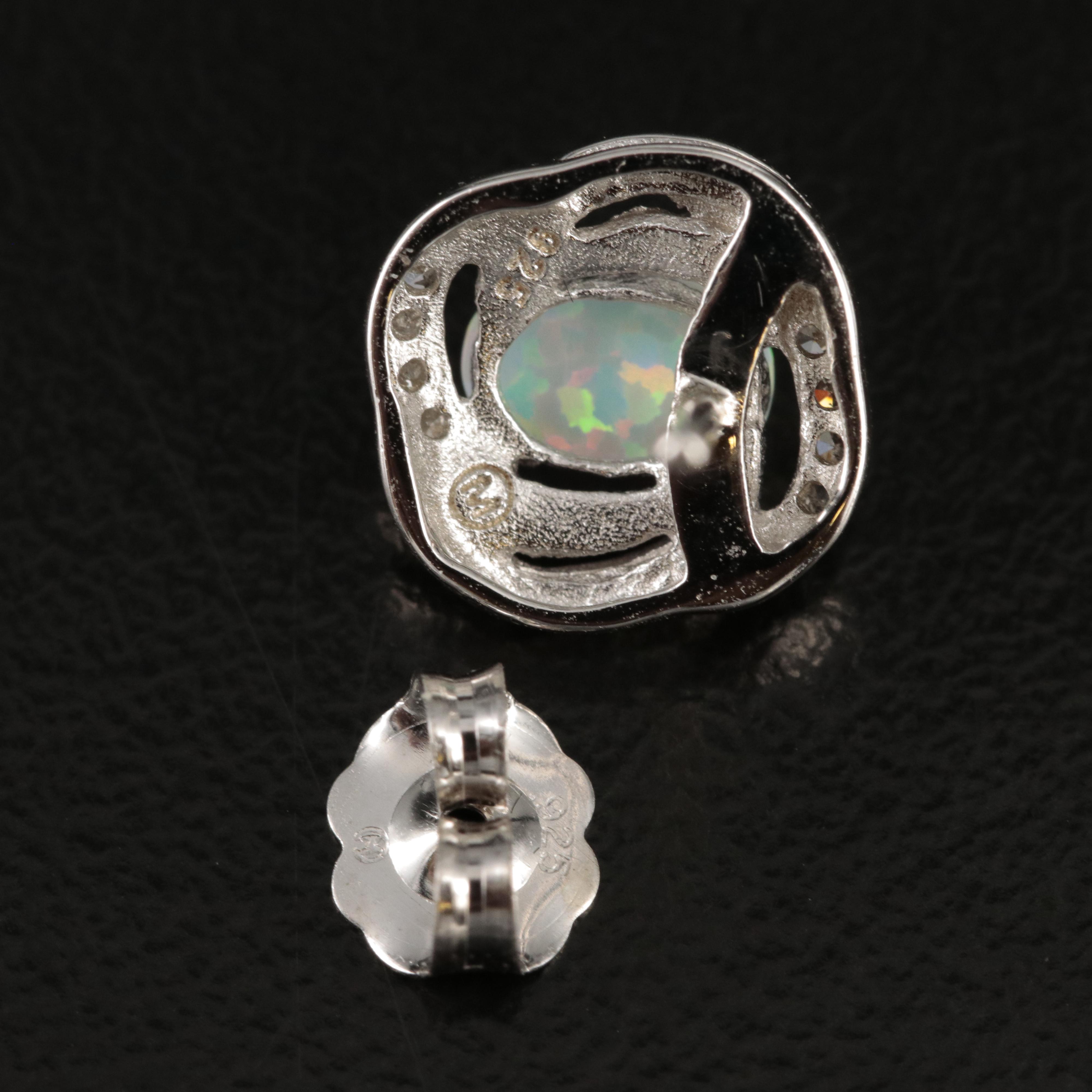 Sterling Opal and Diamond Stud Earrings