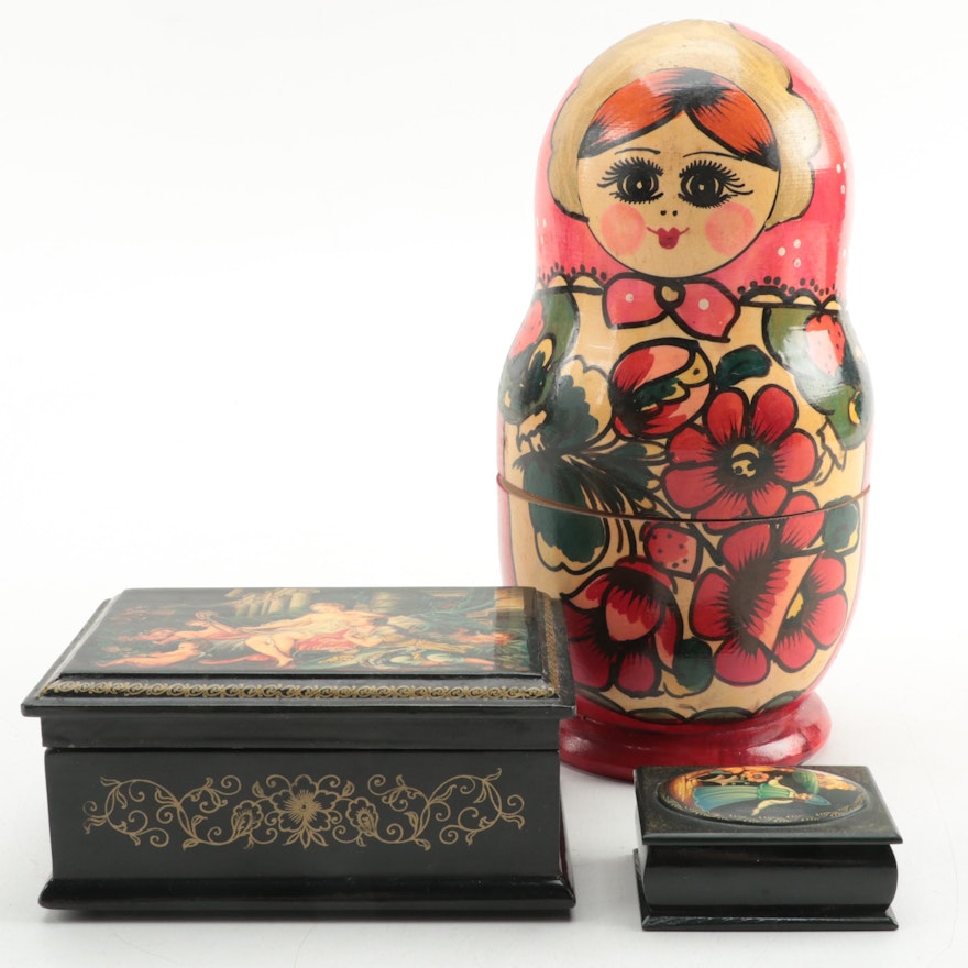 Russian Matryoshka Doll with Other Wooden Boxes, Mid to Late 20th Century