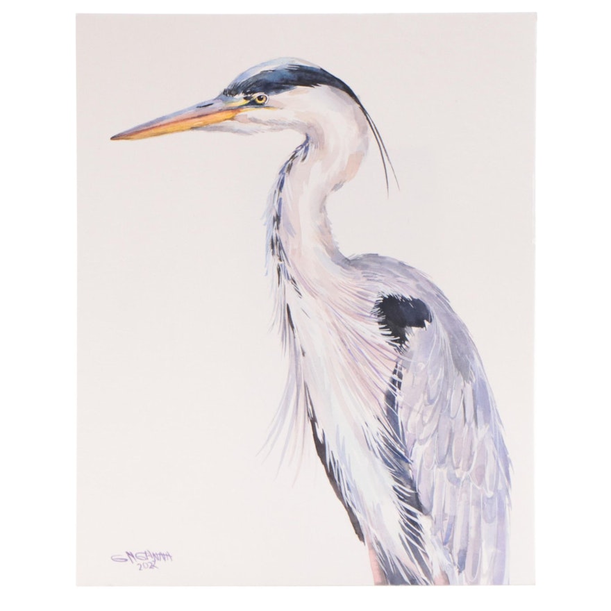 Ganna Melnychenko Watercolor Painting "Great Blue Heron Portrait," 2022