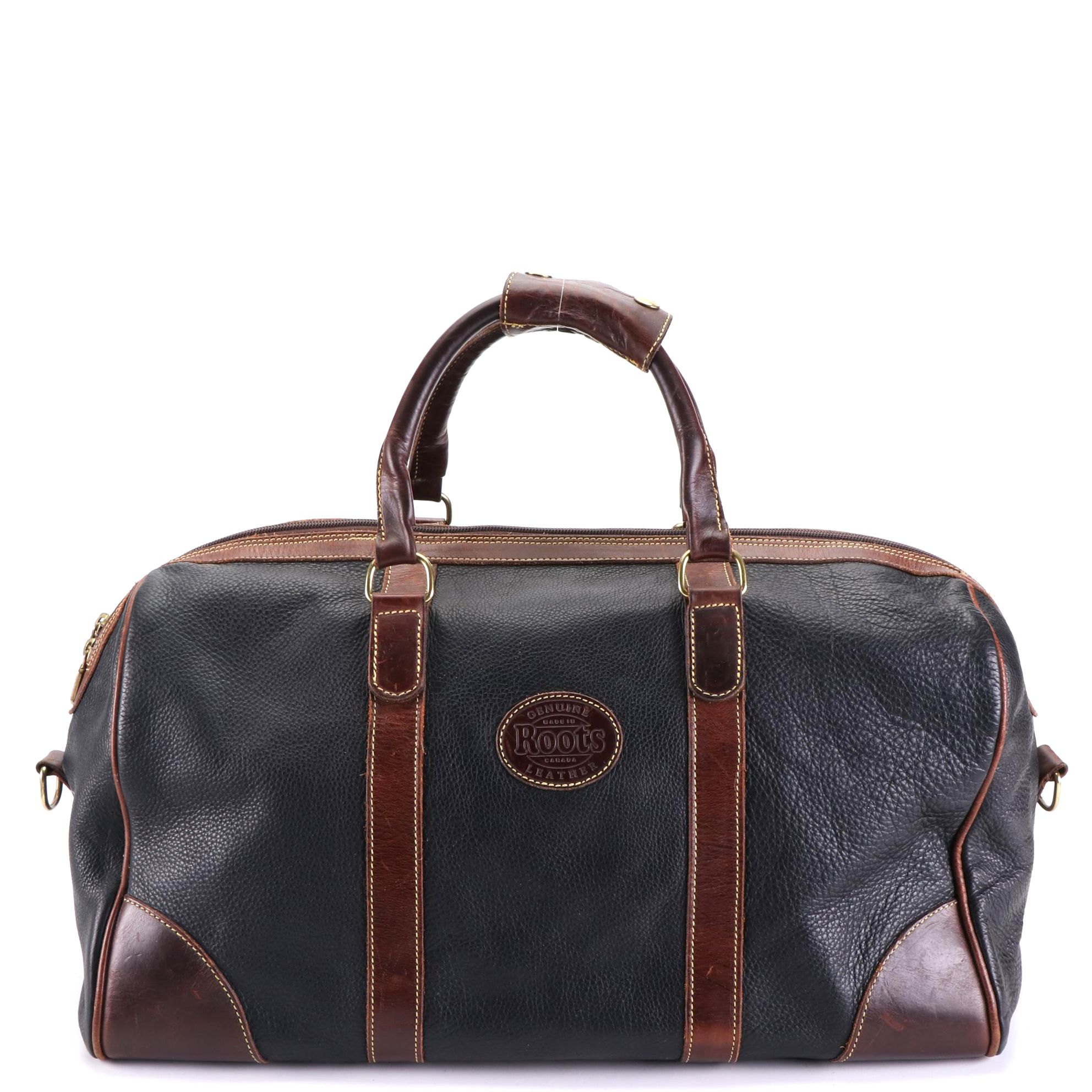 Roots Weekender Duffle Bag in Grained Leather with Smooth Leather Trim