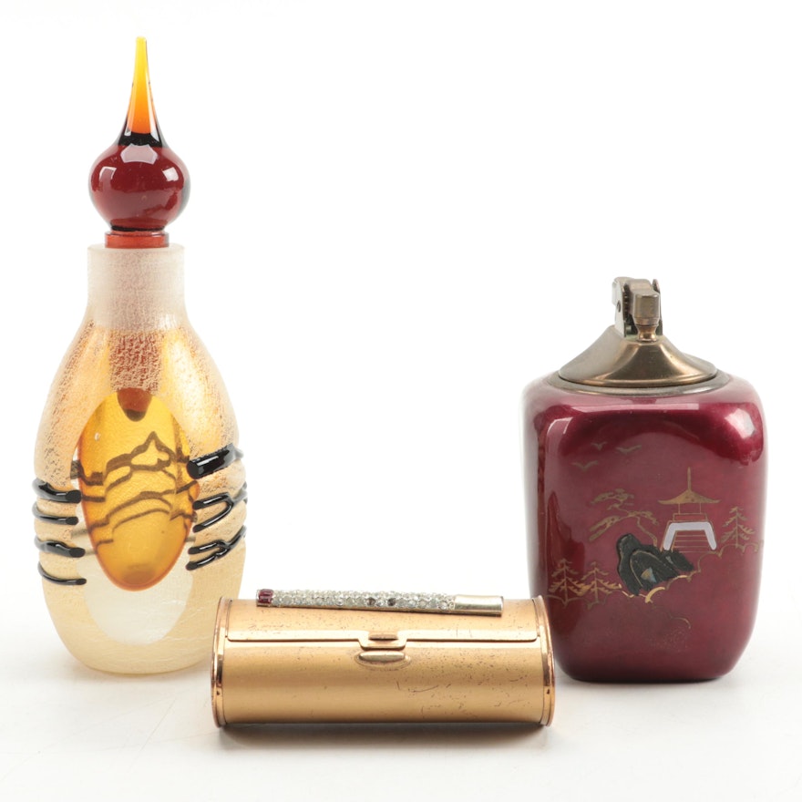 Art Glass Perfume Bottle with Art Deco Style Cigarette Box and Table Lighter