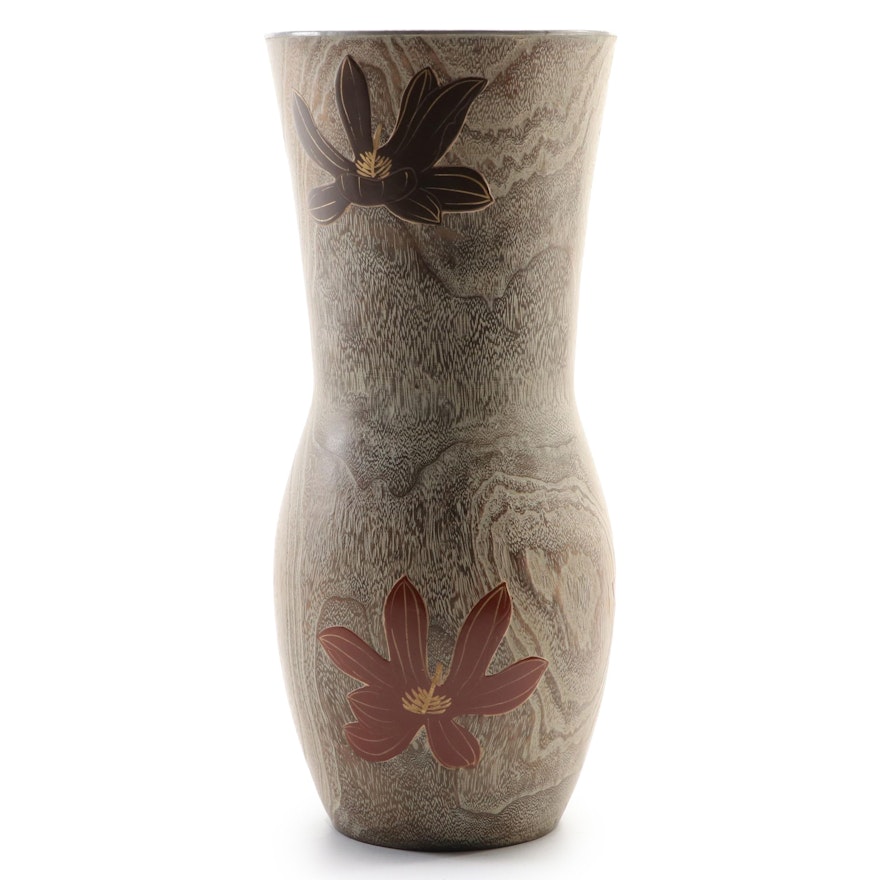 East Asian Style Hand-Carved Wooden Vase with Two Flowers Motif