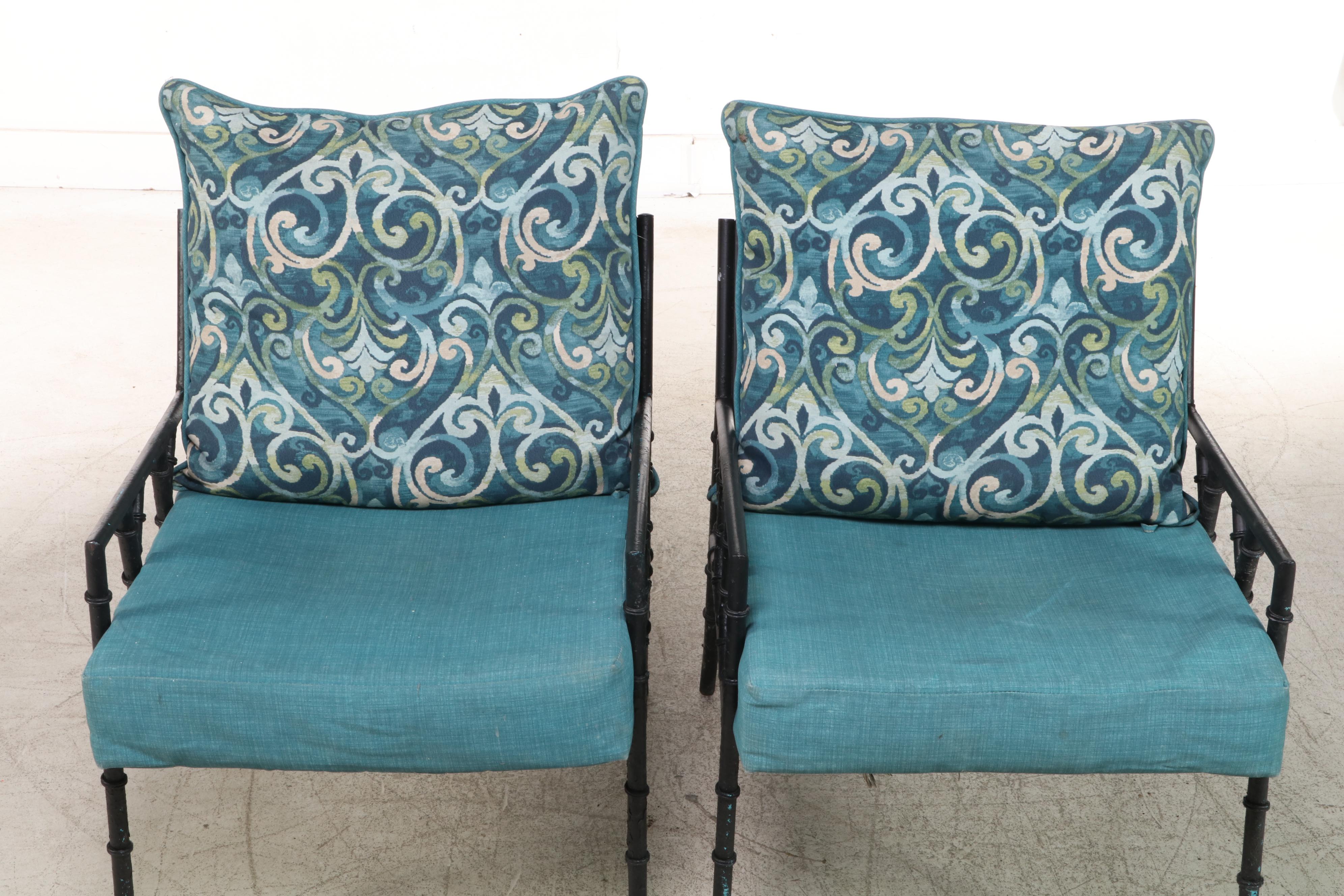 Pair of Faux-Bamboo Iron Patio Armchairs with Cushions