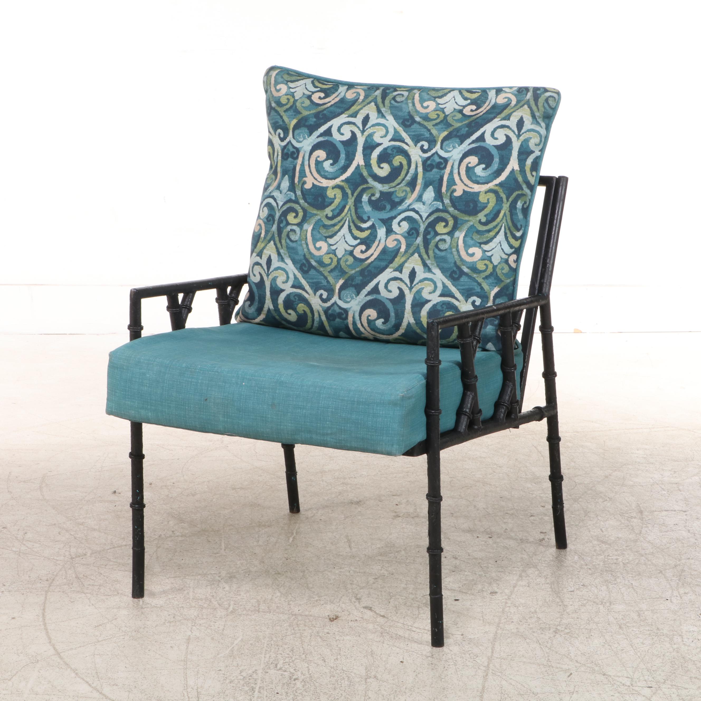 Pair of Faux-Bamboo Iron Patio Armchairs with Cushions