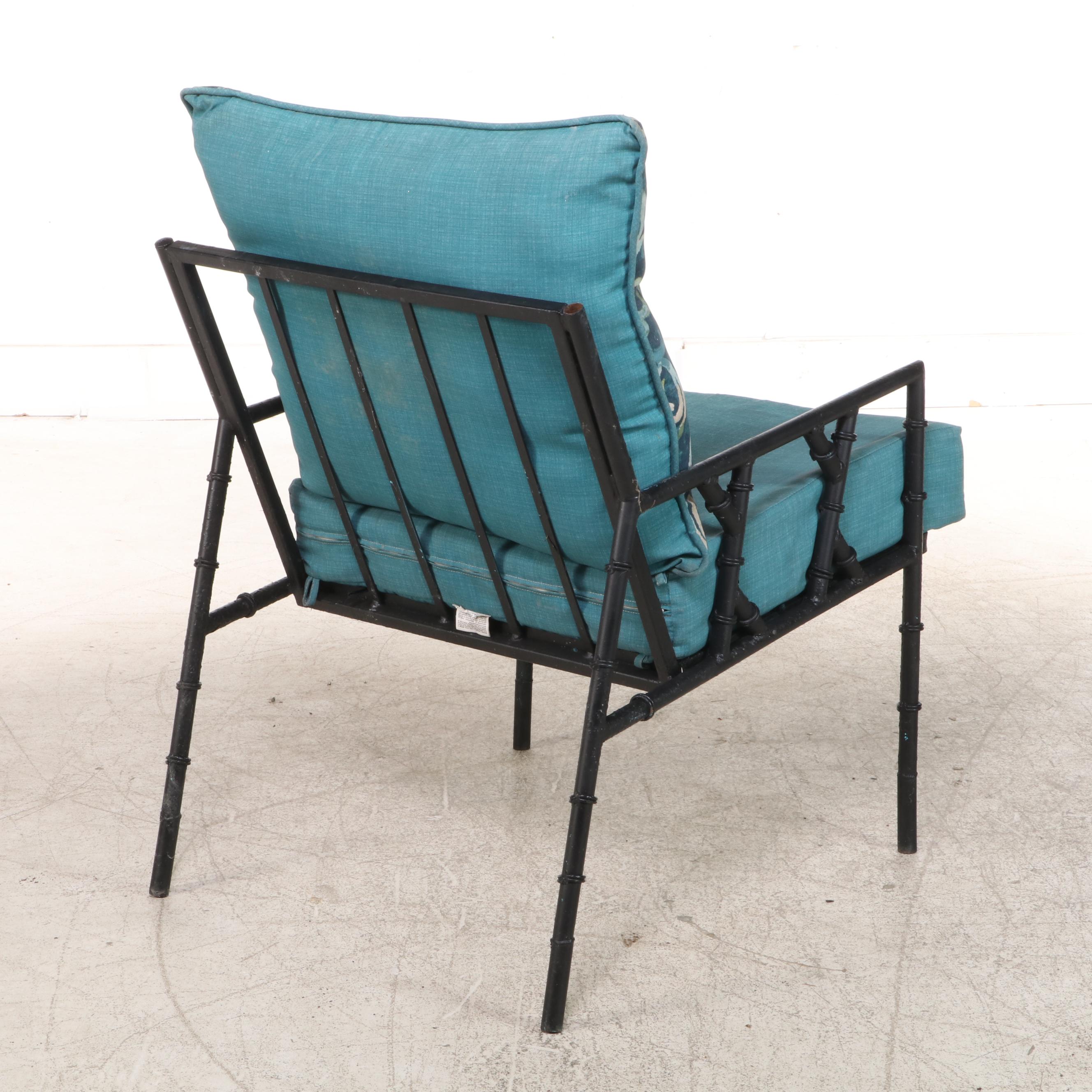 Pair of Faux-Bamboo Iron Patio Armchairs with Cushions