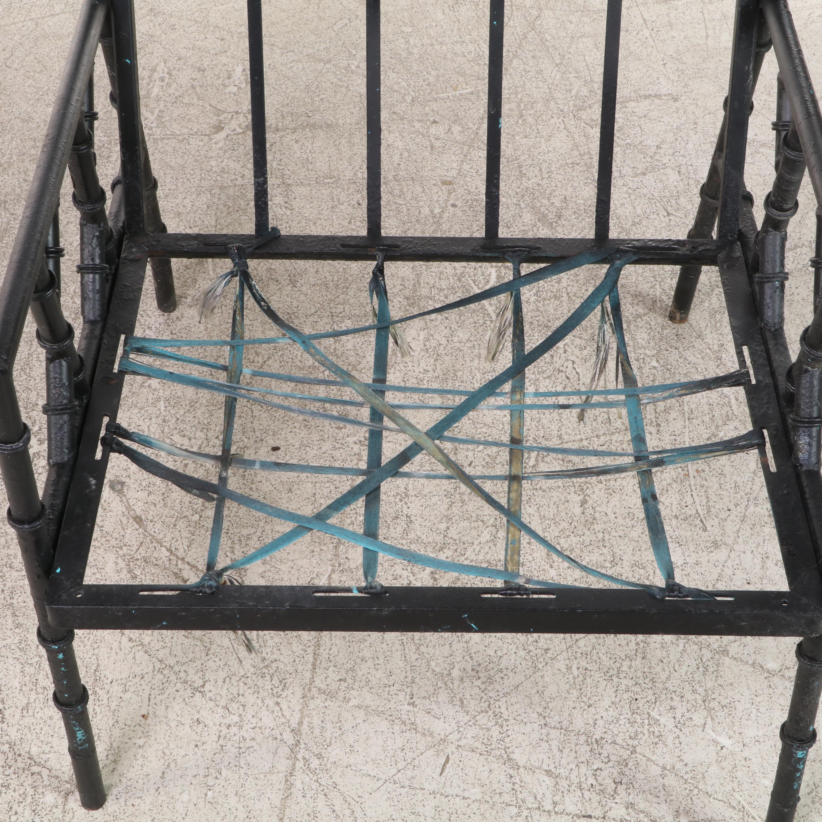 Pair of Faux-Bamboo Iron Patio Armchairs with Cushions