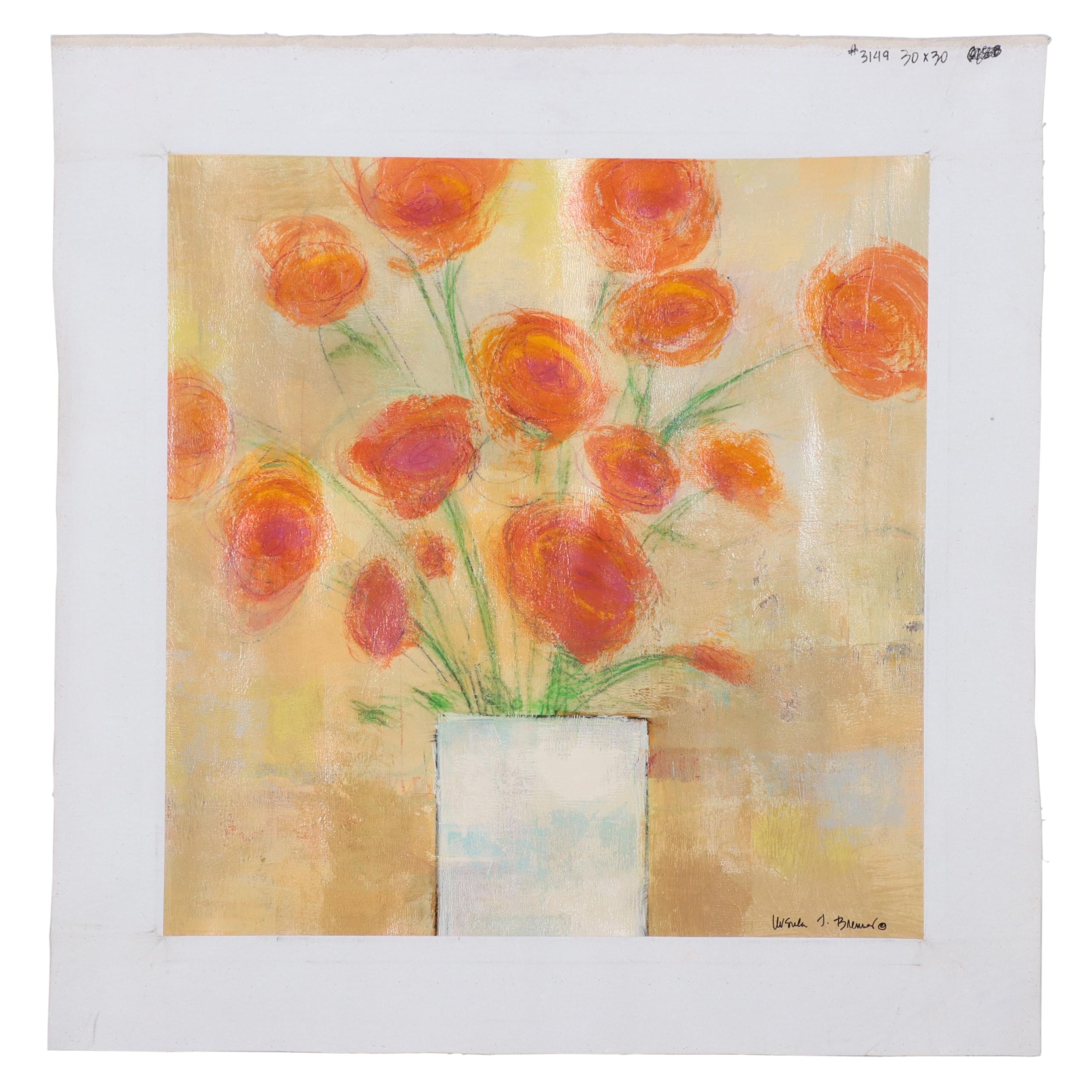 Ursula Brenner Large-Scale Floral Still Life Mixed Media Painting